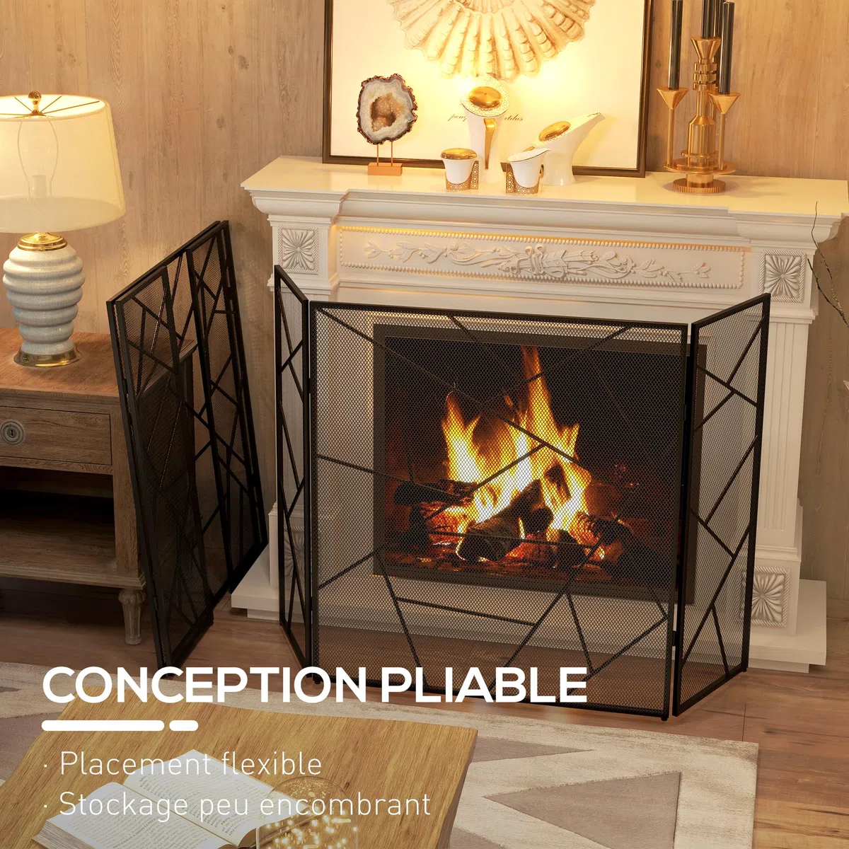 HOMCOM Pare feu cheminée Pliable 3 Panneaux, Pare-étincelles cheminée, Grille de Protection cheminée en Maille d'acier avec décor géométrique et Pieds antidérapants, 135l x 1,2P x 85H cm, Noir