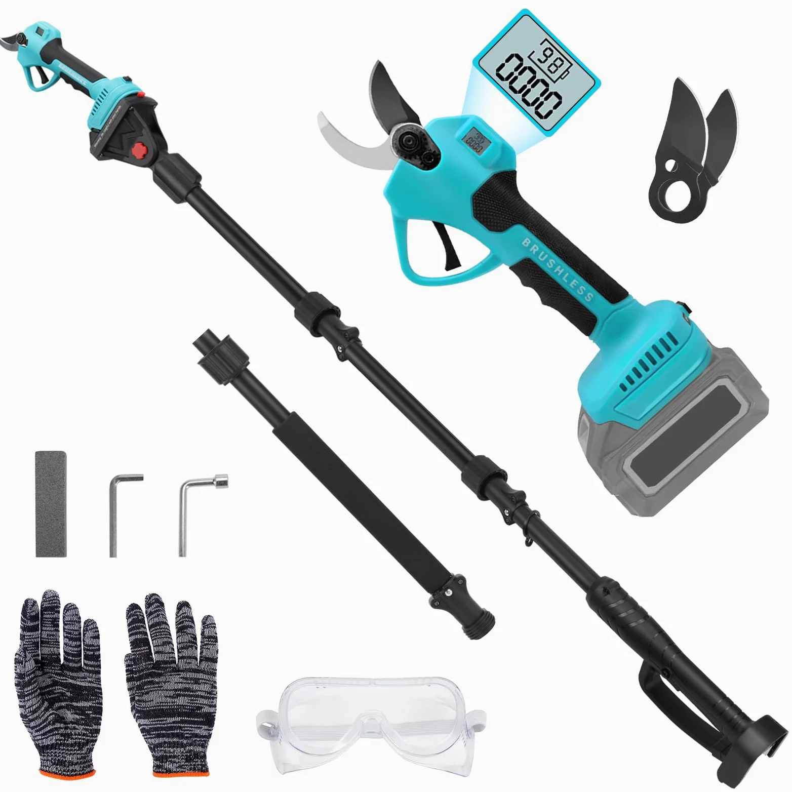Sécateur Électrique 2-en-1 avec Perche Télescopique 4x0.5m - Réglable 1m/1.5m/2m, Coupe 43mm Secateur Electrique Sans Fil Compatible avec Makita 18V, SK7 Lame, Moteur Sans Balais (Sans Batterie)