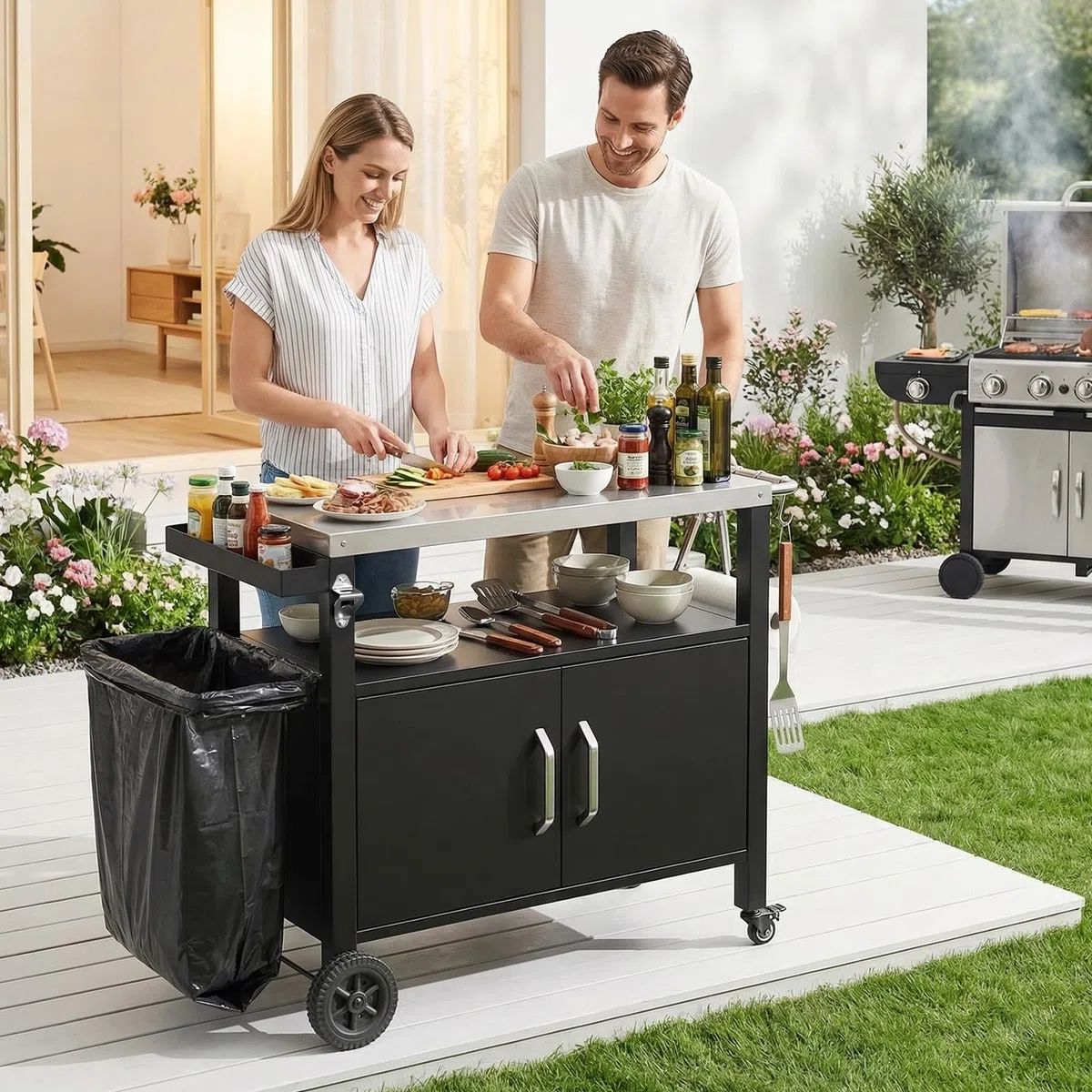 TLSUNNY Chariot de Barbecue en Acier Inoxydable, Desserte Extérieure Plancha 3 Niveaux avec Porte d'Armoire, Table de barbecue avec 4 Roulettes, pour Jardin Terrasse Balcon Camping, 112 x 51 x 82,5 cm