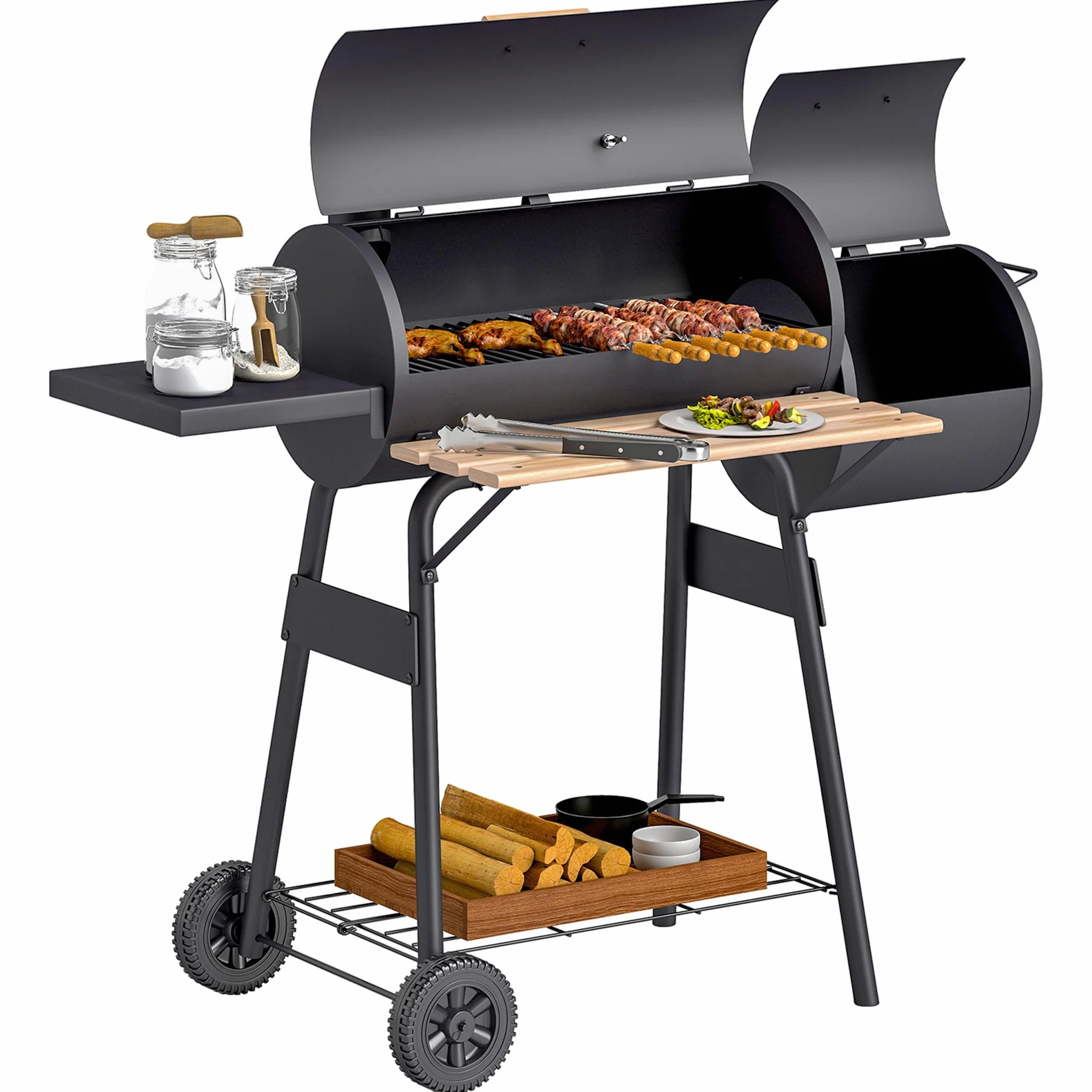 Outsunny Barbecue à charbon fumoir BBQ grill smoker sur pied avec couvercle, roulettes, thermomètre, étagères acier laminé à froid, noir
