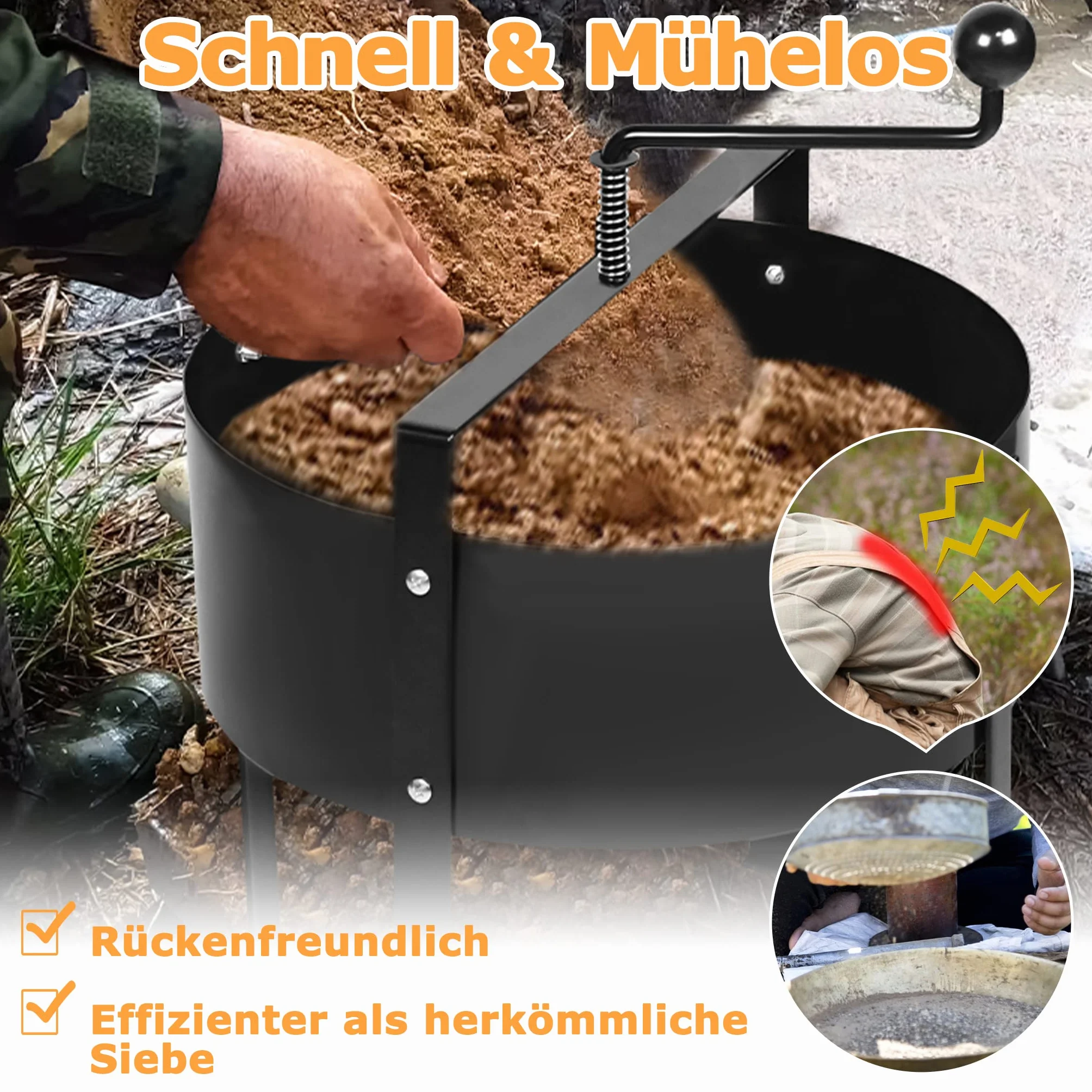 UISEBRT Tamis de jardin - Tamis de sol - Tamis à manivelle - Diamètre : 40 cm - En métal - Pour terre, pierres, compost - Sable - Noir