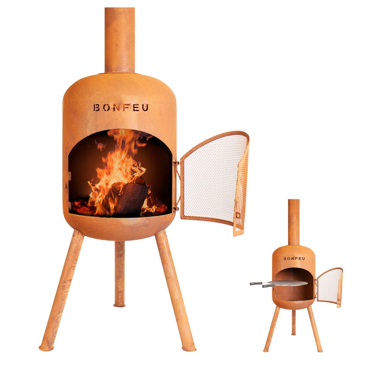 BonFeu BonBono Rouille - Brasero pour Jardin - Braser avec Barbecue Grill - Brazeros Exterieur - 45x45x165 cm