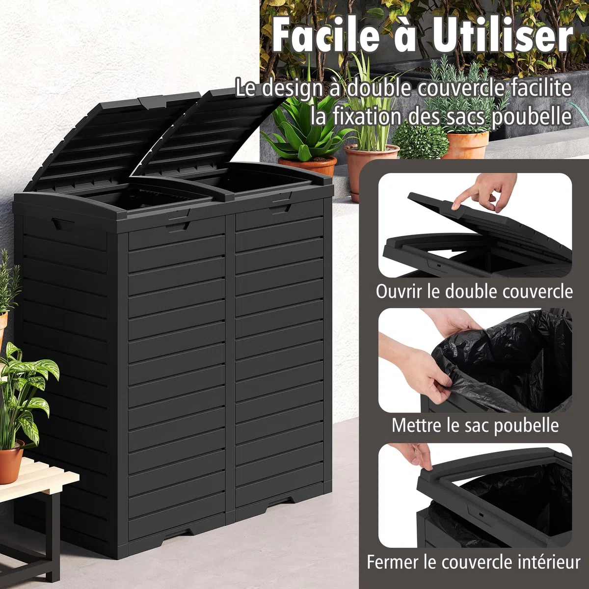 GOPLUS Poubelle Jarin Extérieure à Double Bac 236 L, Bac à Ordures Extérieur pour Déchets, Poubelle de Tri Terrasse Extérieure Intérieure avec Plusieurs Couvercles (Noir,236L|77x40x86CM)