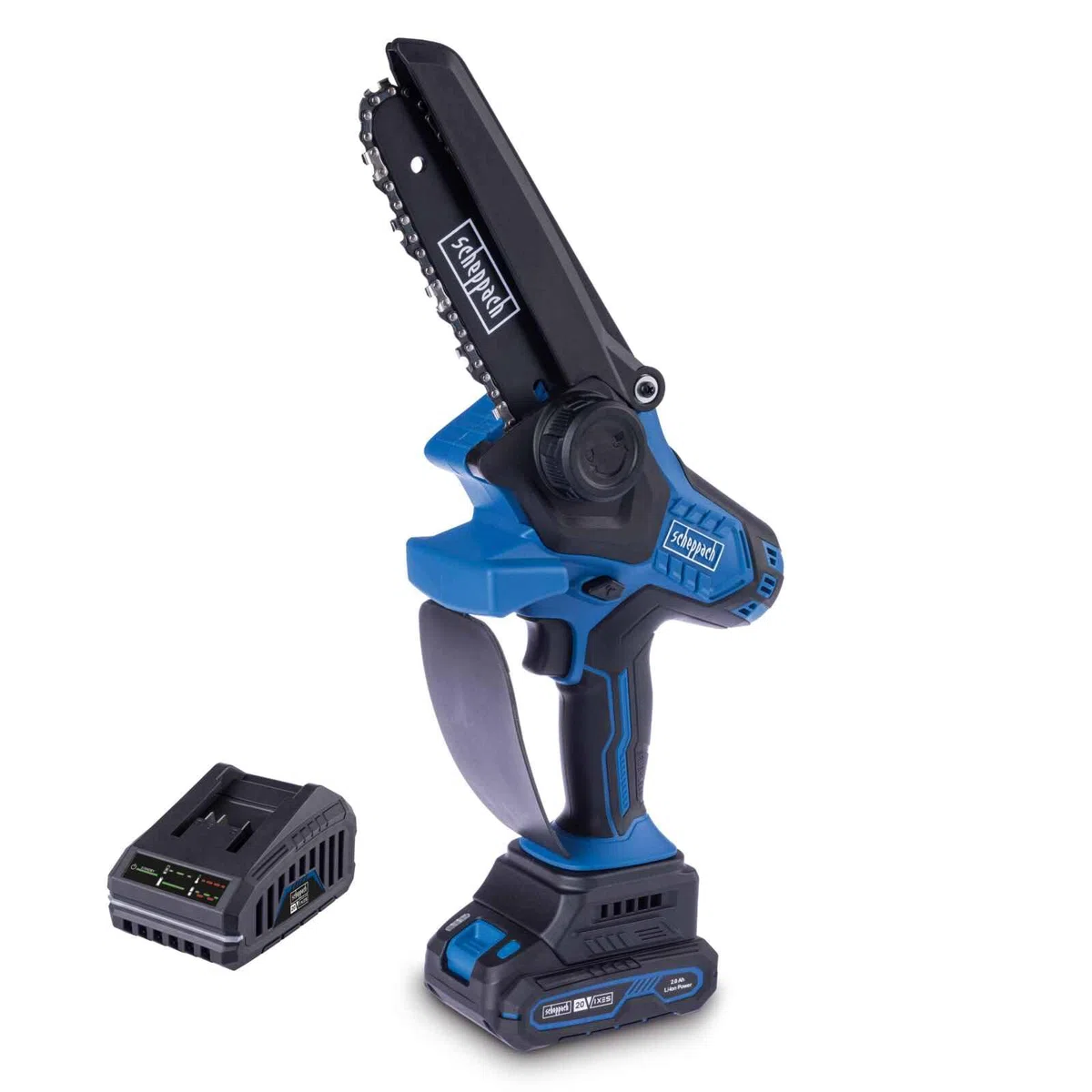 Scheppach Elagueuse à main sur batterie BC-PS150-X 20V | Brushless | Mini tronçonneuse | Longueur de coupe 150mm | Guide 6" | Vitesse de coupe 6,8 m/s | Avec batterie 2 Ah et chargeur