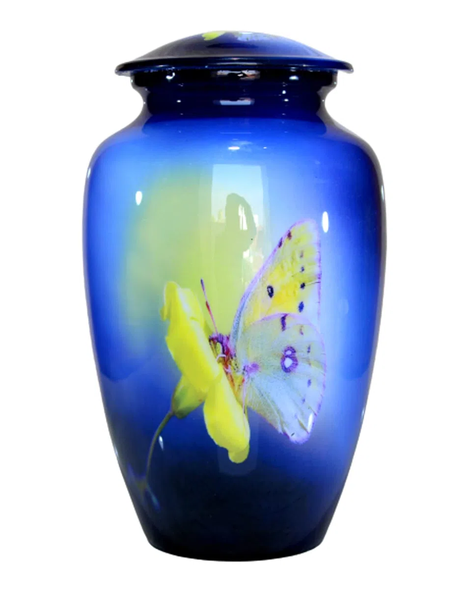 eSplanade Urne funéraire en métal | Urne funéraire taille normale pour cendres funéraires | Imprimé papillon jaune | Bleu – 25,4 cm