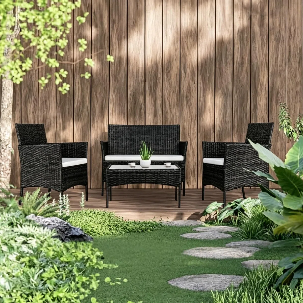 Salon de Jardin Exterieur en Résine ressée - 2 canapés Simples, 1 canapé Double et 1 Table Basse, Coussins Inclus, Salon de Jardin pour Amenagement Balcon Terrasse Veranda (Noir)