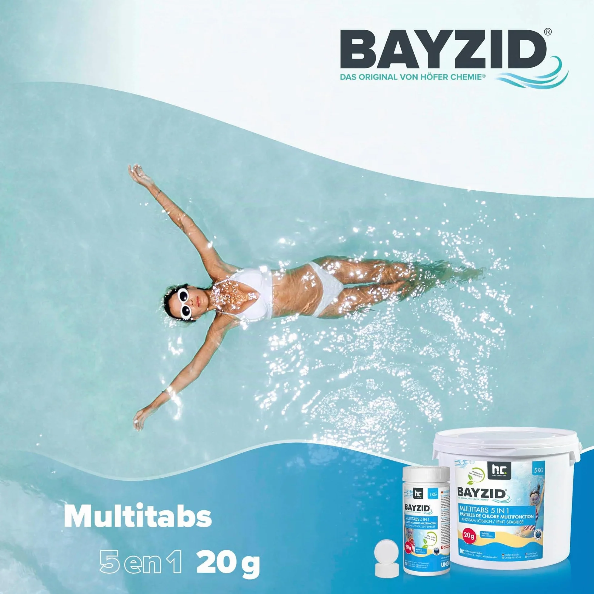 Höfer Chemie Pastilles de Chlore Multifonction 5 en 1 1 kg pour Piscine Désinfection Anti-Algues Floculant pH Stable