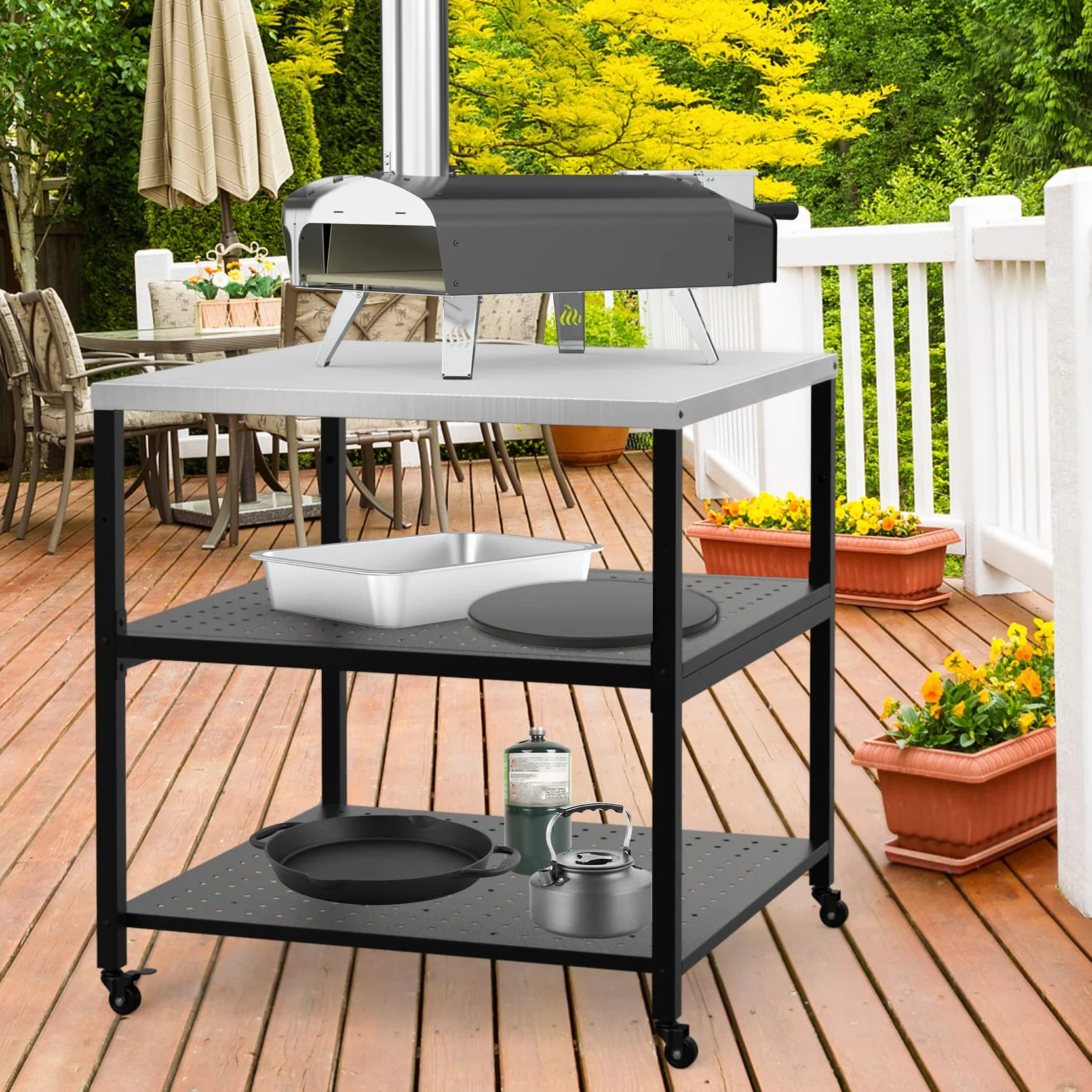 onlyfire Acier Inoxydable Table d'appoint,Table de Support de Four à Pizza avec Roue Poser Votre Four a Pizza,Accessoires Four à Pizza (80 x 80 x 83 CM)