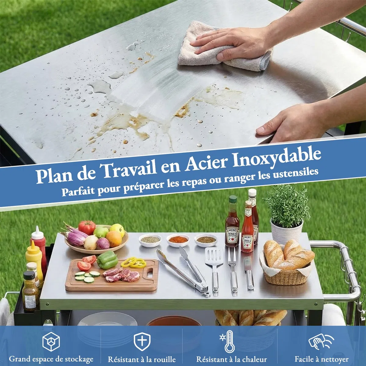TLSUNNY Chariot de Barbecue en Acier Inoxydable, Desserte Extérieure Plancha 3 Niveaux avec Porte d'Armoire, Table de barbecue avec 4 Roulettes, pour Jardin Terrasse Balcon Camping, 112 x 51 x 82,5 cm