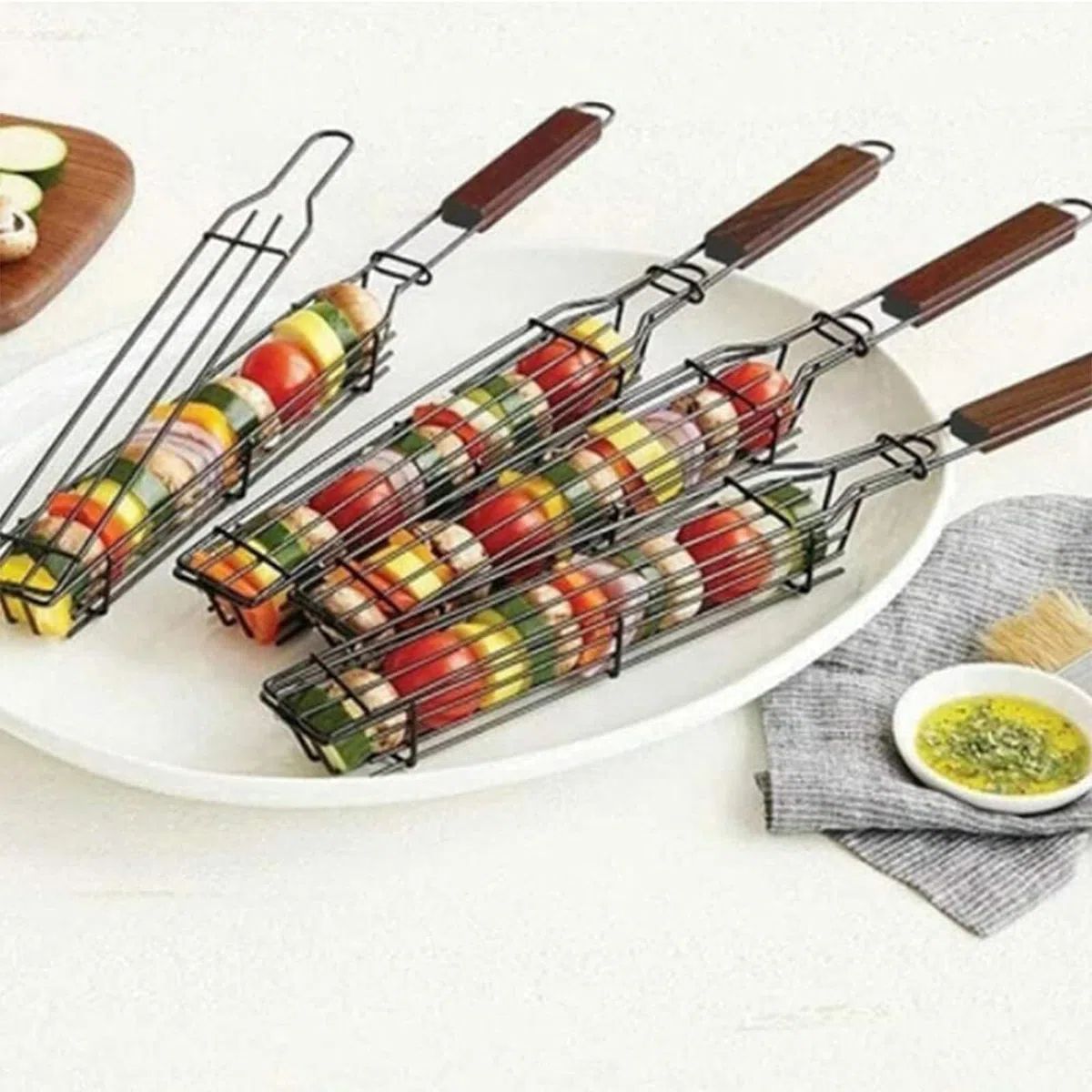 Panier à Griller Antiadhésif Barbecue Poignée Bois Anti-Corrosion Poisson Légumes Crevettes 10 pièces