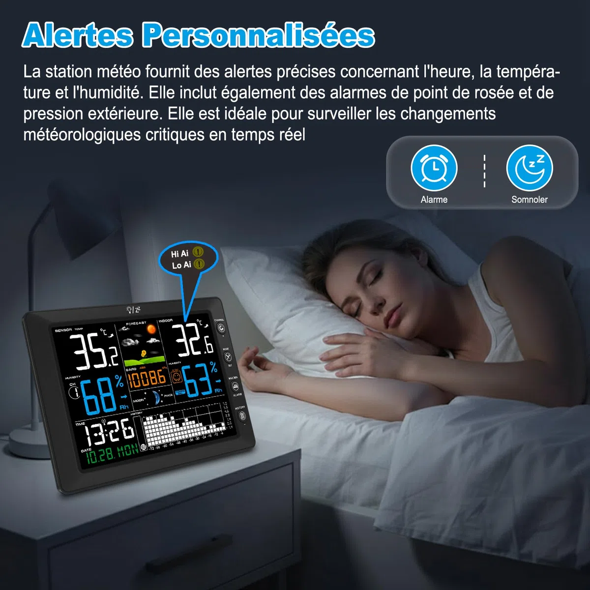Urageuxy Station Meteo Sans Fil avec Capteur Extérieur Grand Écran Couleur, Thermomètre Intérieur Extérieur, Hygromètre, Prévisions Météo, Portée 100M, Pression Atmosphérique, Radio-Réveil DCF, Alarme