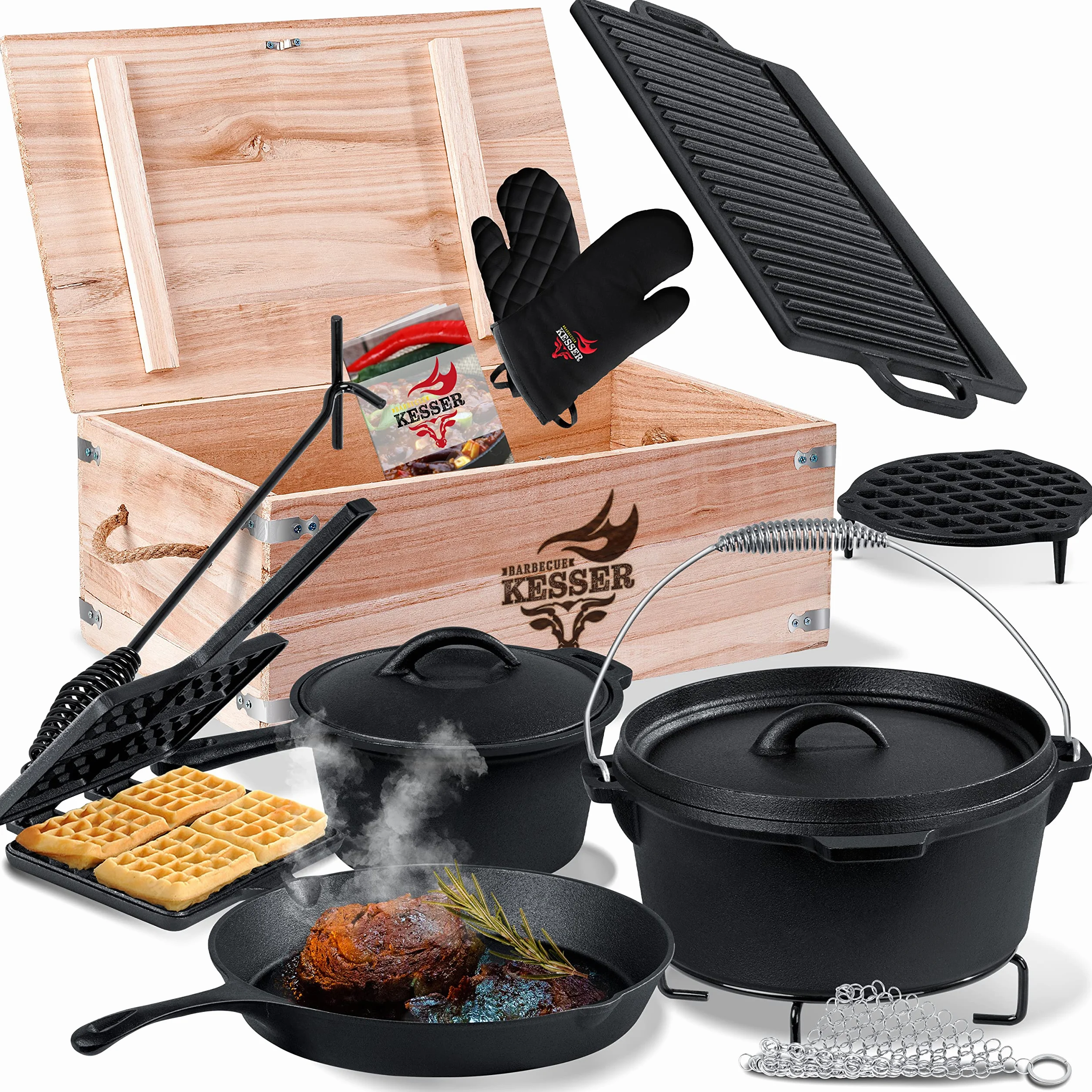 KESSER Dutch Oven Set 12 pièces en fonte avec caisse en bois, gaufrier, plaque de gril et poêle