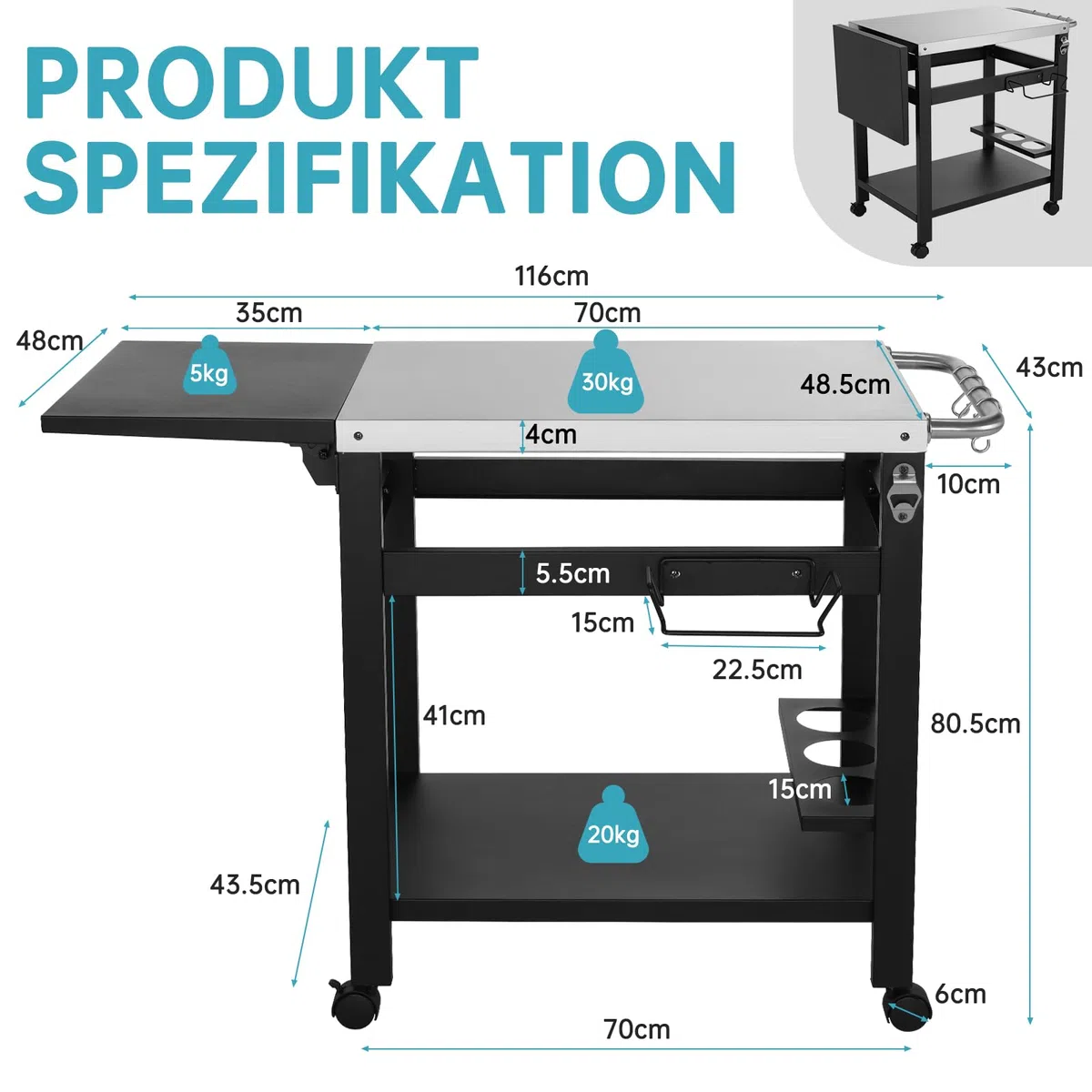LIFERUN Desserte Barbecue Extérieur avec Table d'appoint Pliable, Chariot Plancha 2 Niveaux avec Dessus de Table en Acier INOX, Chariot de BBQ Pizza 4 Roues, pour Cuisine, Jardin et Fêtes, 116x48 cm