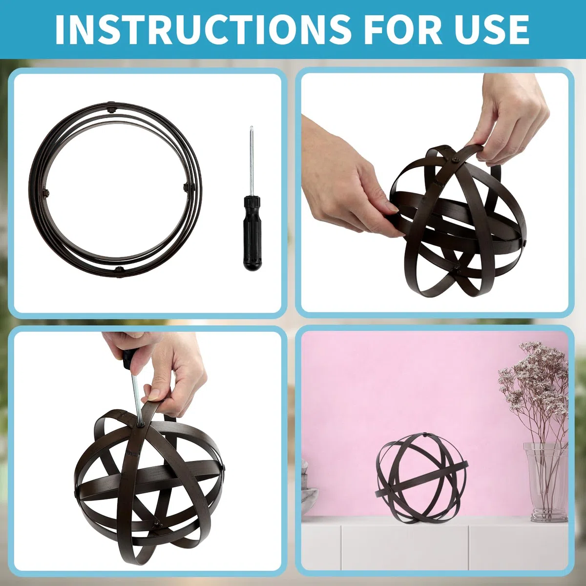 Kunjocy Lot de 3 Boules de Jardin Pliantes de Tailles Assorties avec Bande en métal Vieilli pour décoration intérieure et extérieure - 17,8 cm, 25,4 cm, 30,5 cm de diamètre (Rouille)