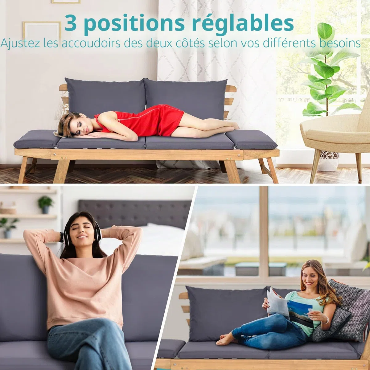 KOMFOTTEU Canapé de Jardin en Bois d'acacia, 2 Places, Sofa de Jardin avec Accoudoirs Inclinables, Canapé d'Extérieur avec Coussin, 157-198 x 75 x 75 cm, pour Terrasse, Balcon, Cour (Gris)