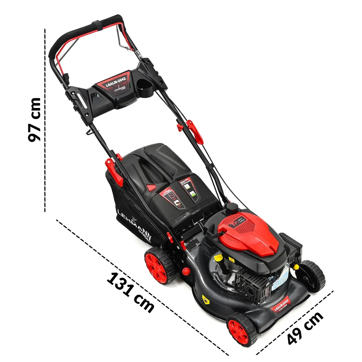LEHMANN Tondeuse à Gazon Thermique Autotractée, 146 cm³ 2,6 KW, Largeur de Coupe 42 cm, 5 Niveaux 25-70 mm, 40 L Capacité de Ramassage, Surface Jusqu'à 2000 m², Carrosserie Solide en Carbone