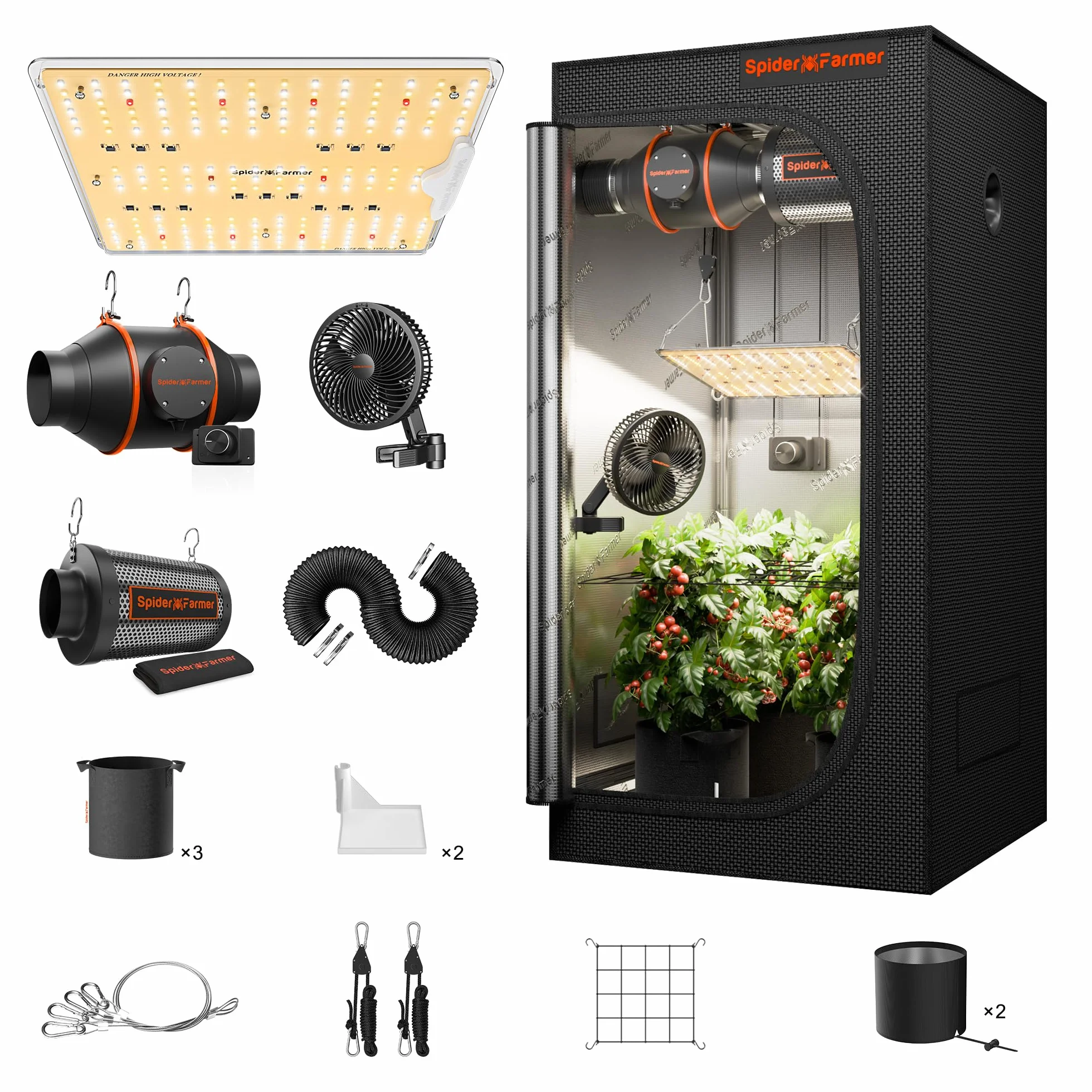 SPIDER FARMER SF1000D Kit Complet Lampe de Culture LED Plein Spectre Samsung LM301B 60x60x140cm Tente 1680D Hydroponique Système d'aération