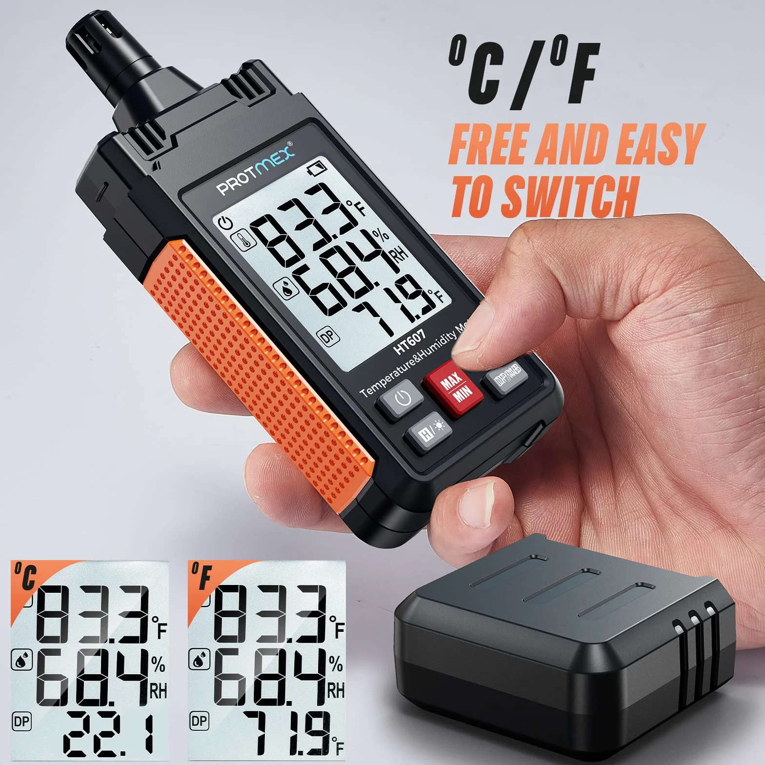 Protmex HT607 Mini thermomètre hygromètre numérique haute précision avec hygromètre ambiant, humidité relative, point de rosée, thermomètre à ampoule humide, tenue min/maximale, rétroéclairage LCD