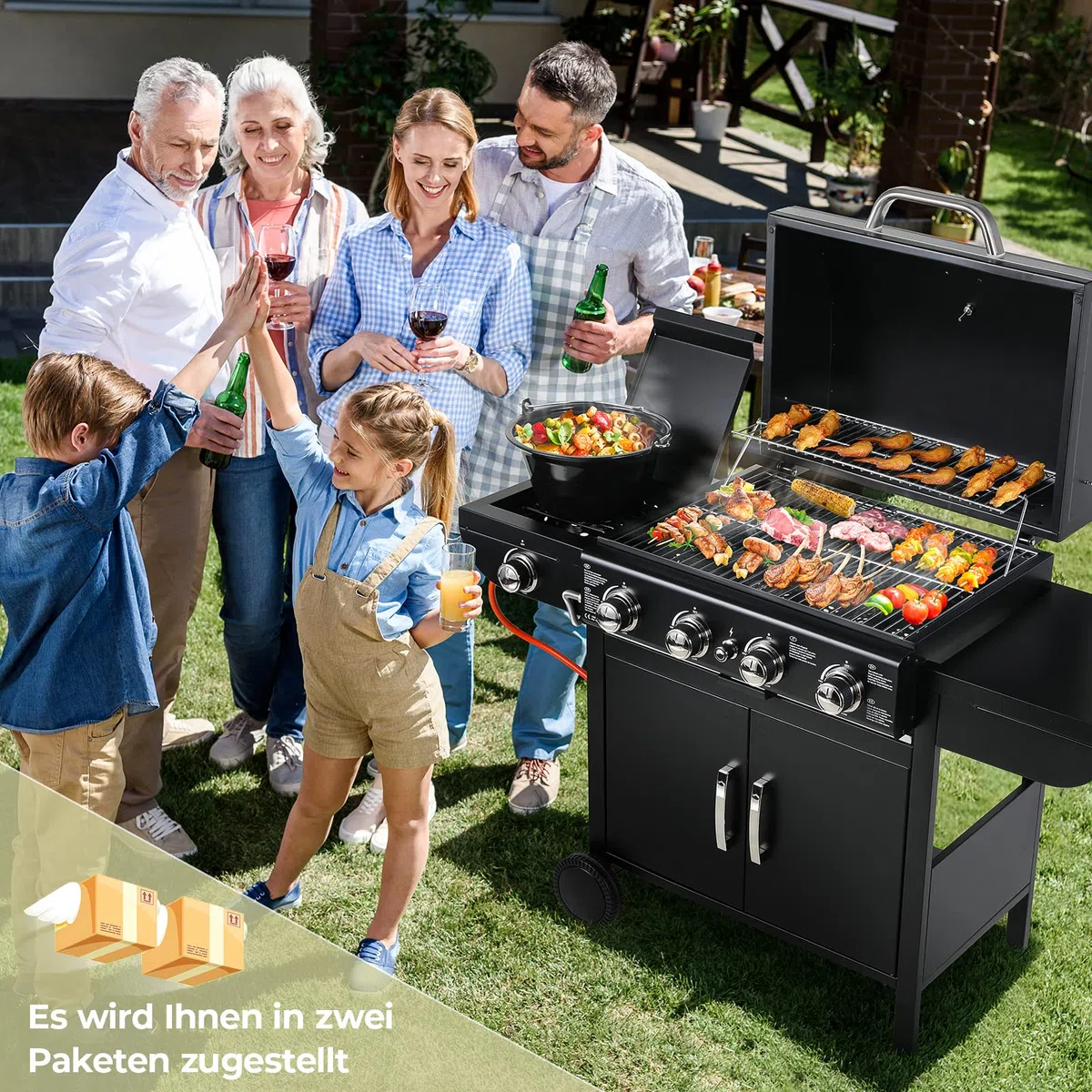 Barbecue Gaz sur Chariot 4+1 Brûleurs 14.05KW avec Plaque Latérale, Thermomètre, Allumage par Impulsion