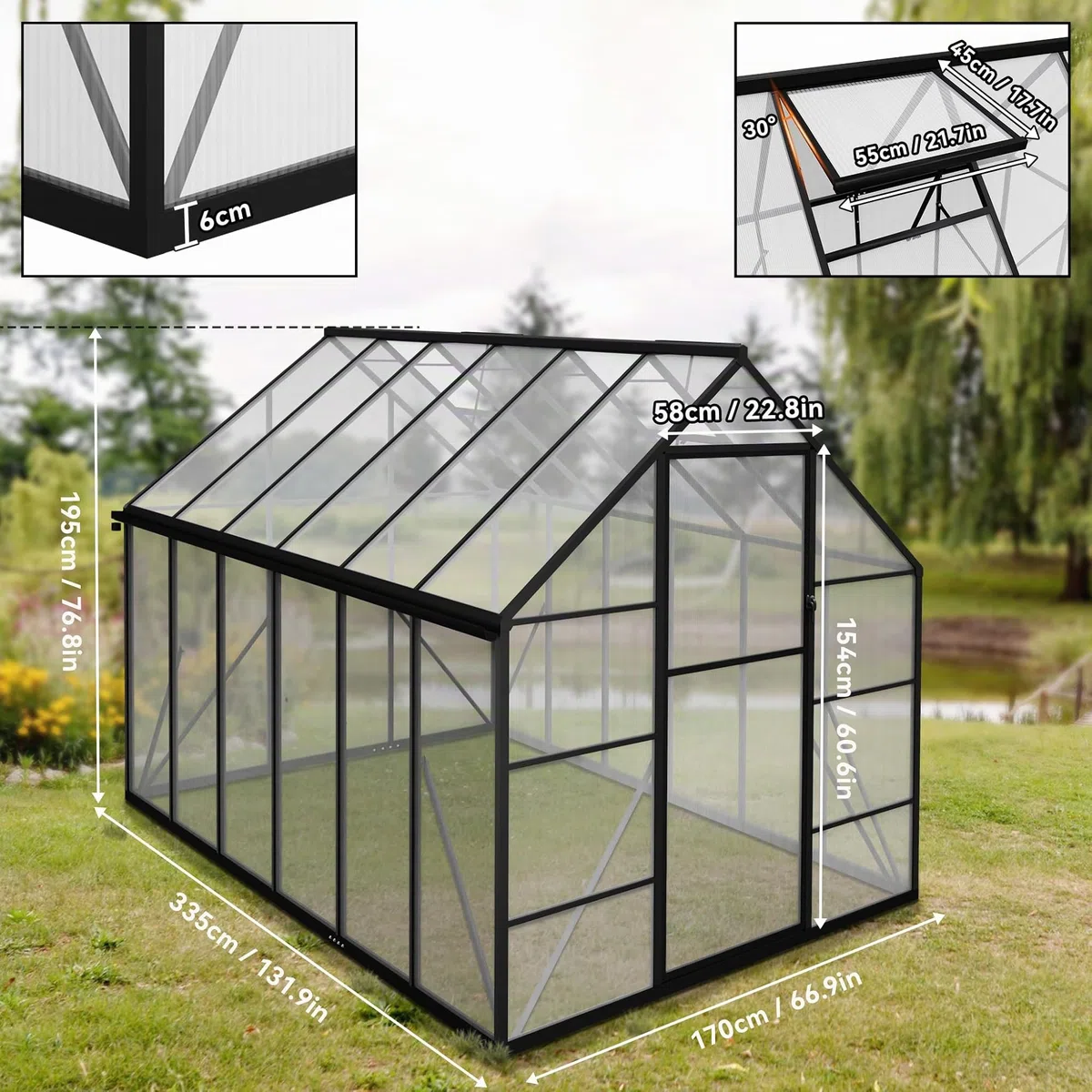 Serre en Aluminium avec PC Panneaux Transparent, Lucarne, Porte et Fondations, 335x170x195cm Hivernage Tente de Jardinage Accessible, Pépinière de Culture pour Jardin et l'extérieur