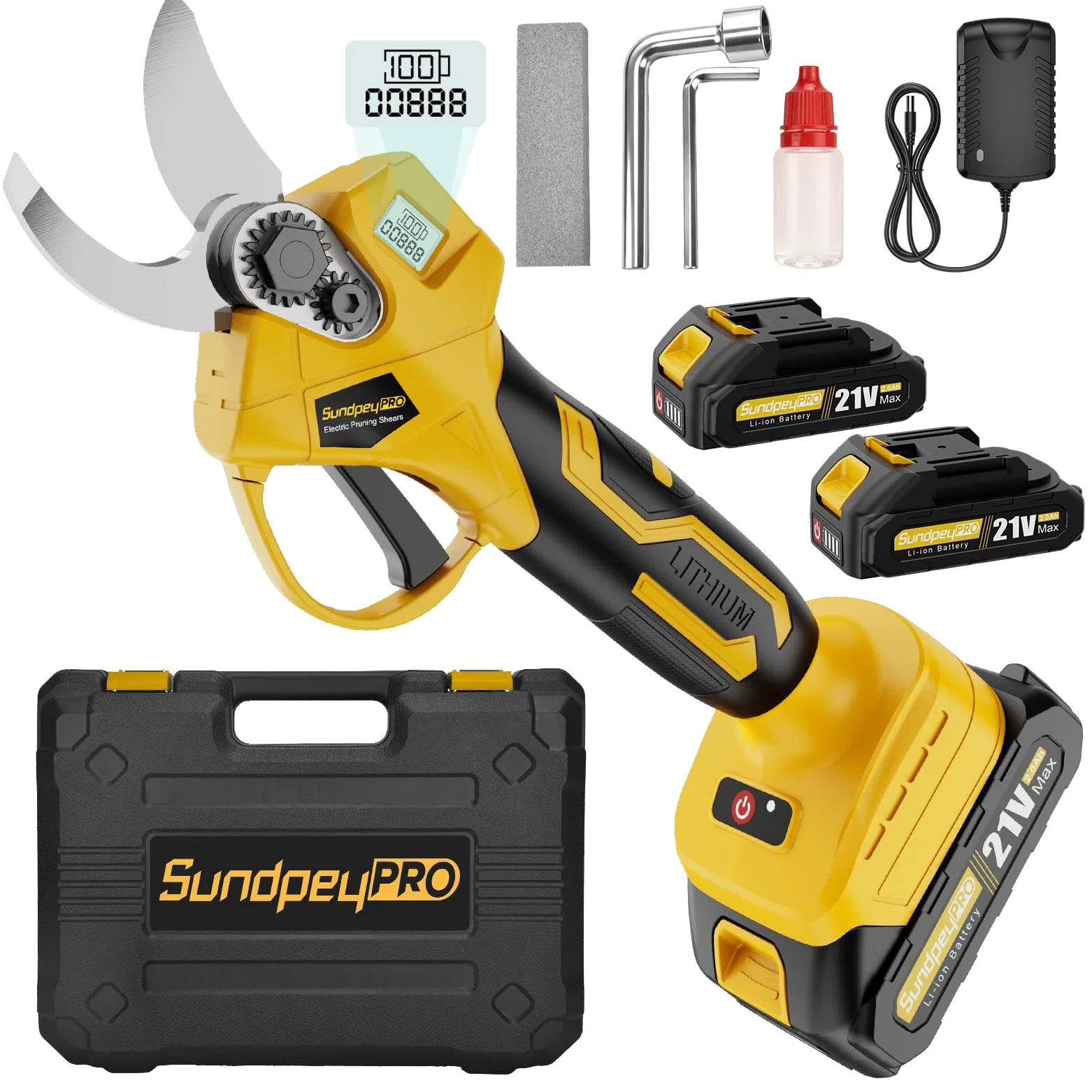 Sécateur éLectrique Sans Fil, Max 30mm Secateur Electrique avec 2 Batteries, Moteur Sans Balais, Écran LCD, Étui de Transport, Sécateur à Batterie pour Jardin Verger Branches D'Arbres Parcs