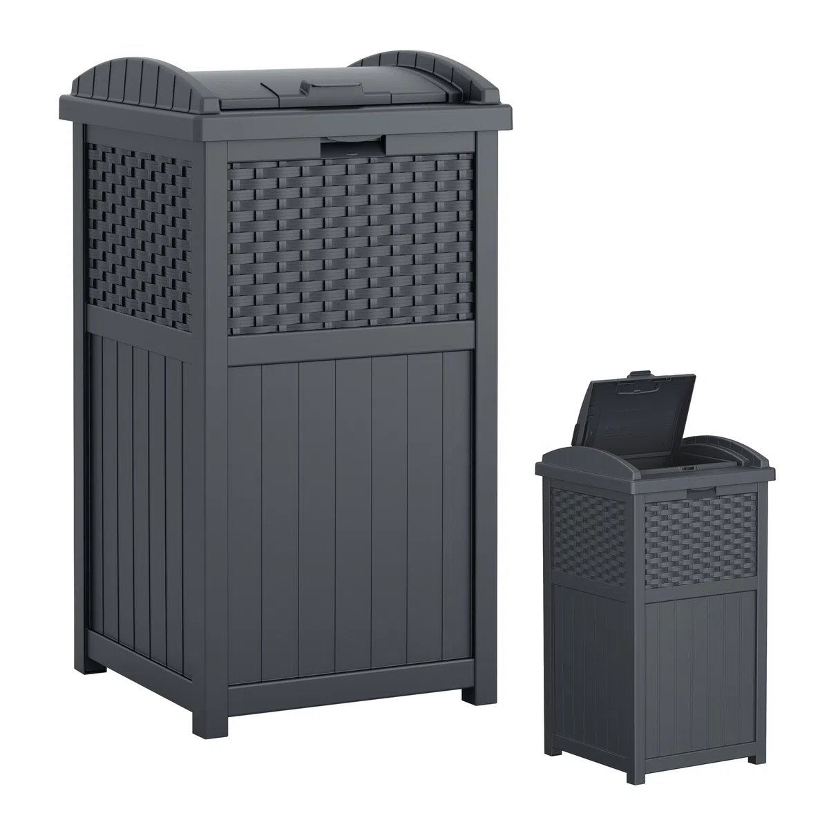 Suncast Poubelle cachée de style osier avec couvercle à verrouillage sécurisé et construction résistante aux intempéries pour terrasse, fabriquée aux États-Unis, 125 L, gris (Cyberspace Grey)
