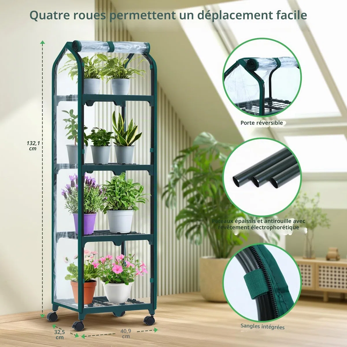 Ohuhu Mini serre à 4 niveaux avec roues pour intérieur et extérieur, petite serre en plastique portable avec housse durable pour semis, cadeau de jardinage idéal pour homme et femme, transparente