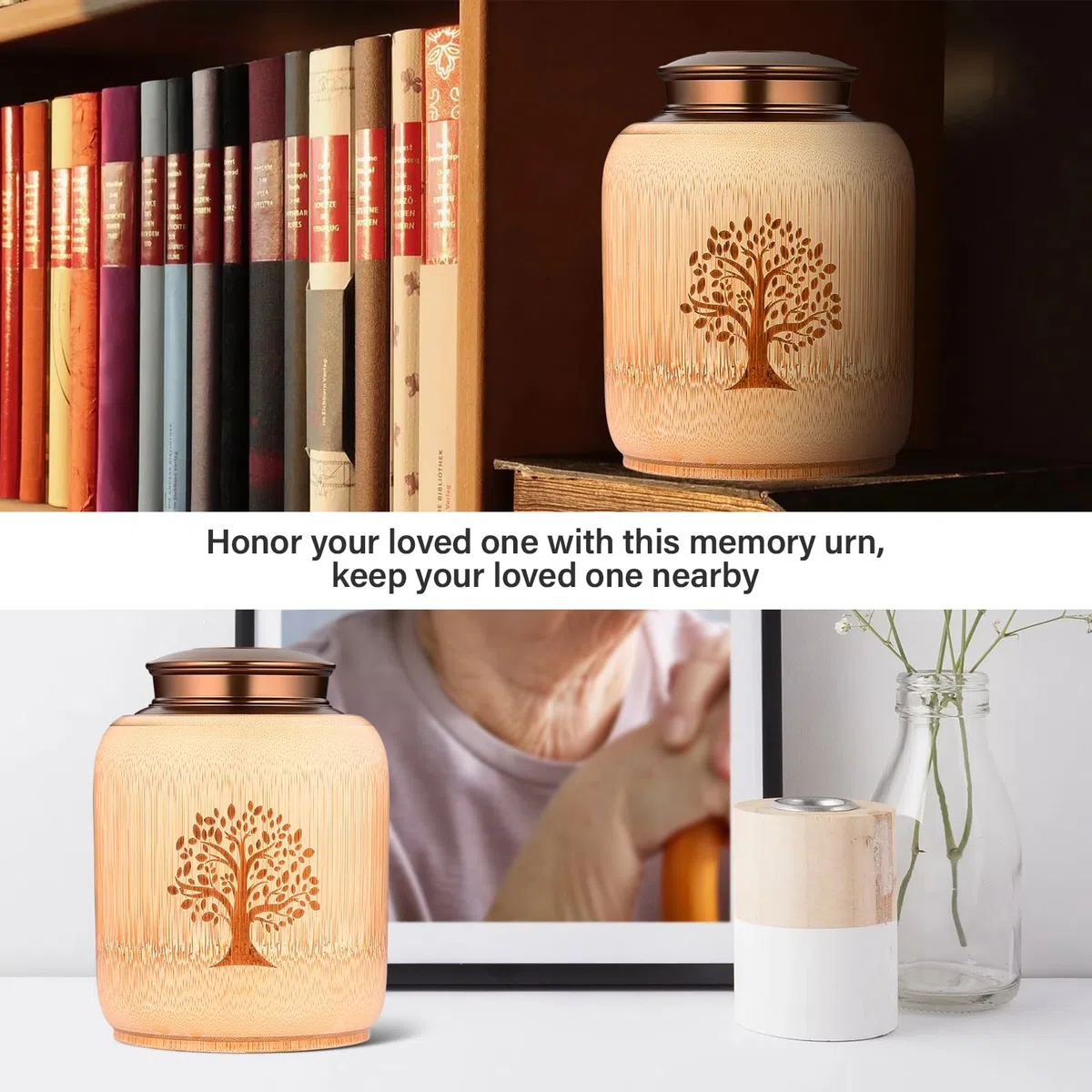 Urne funéraire de Taille Moyenne pour Cendres humaines en Bambou, Urnes funéraires commémoratives pour Cendres humaines Adultes, Femmes et Hommes, Urnes décoratives avec Motif Arbre de Vie, Peut
