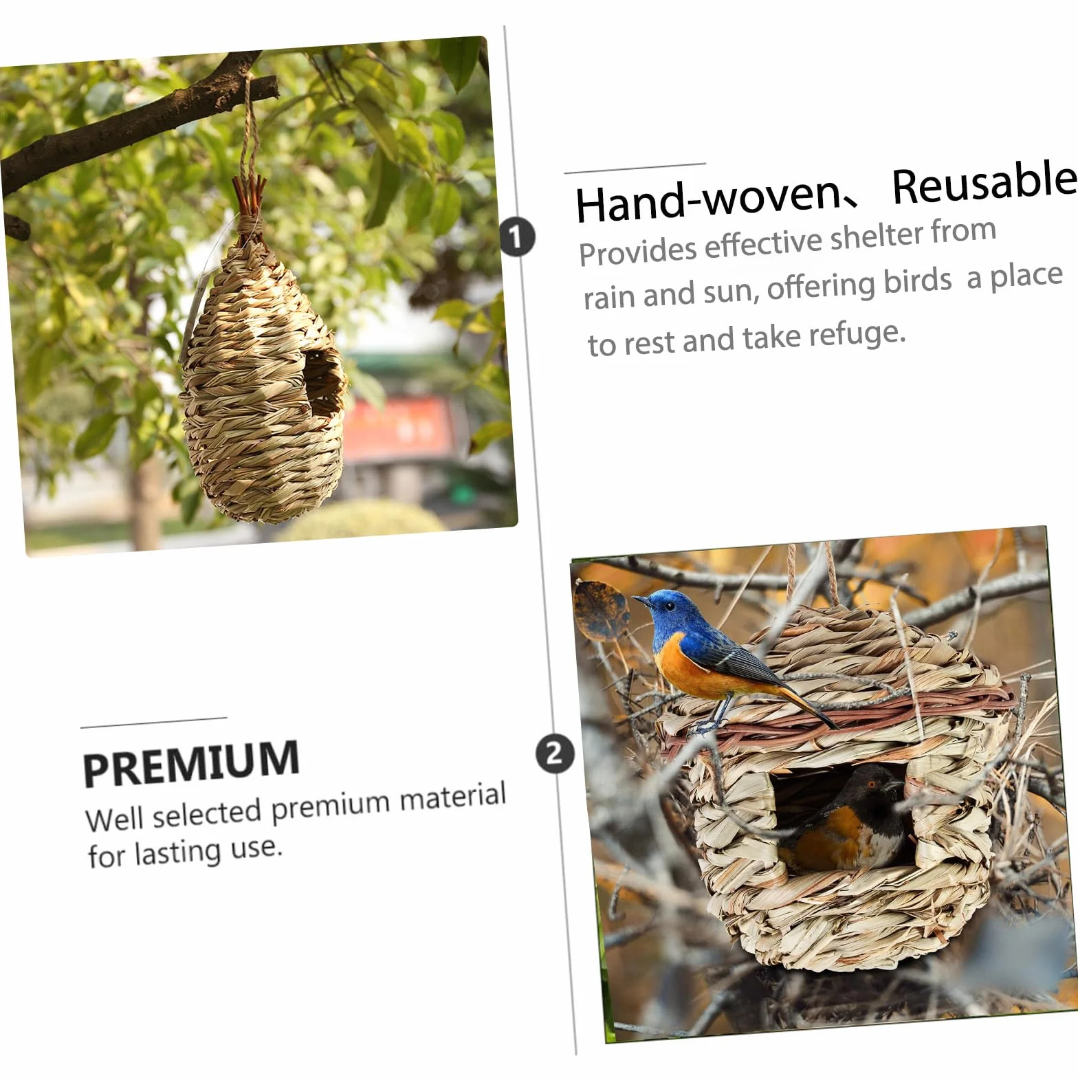 Nichoir Oiseaux Tissé à la Main 2 Pièces Suspendu pour Jardin Colibris Perruche