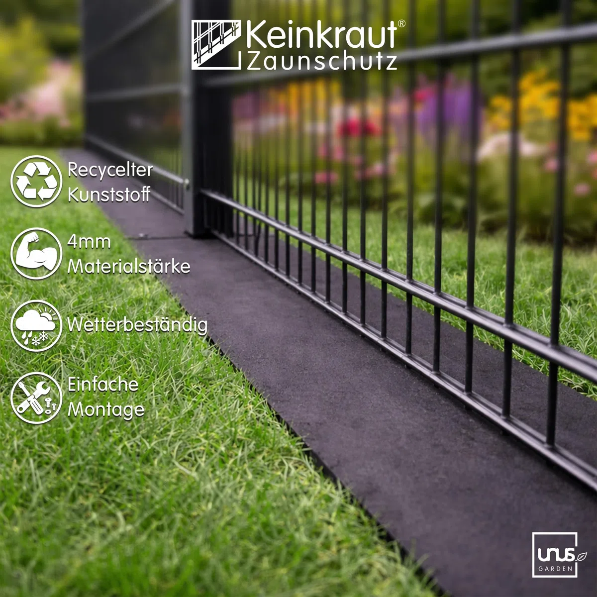 UNUS Keinkraut Protection contre les mauvaises herbes en plastique recyclé pour le coin de clôture S3 Noir