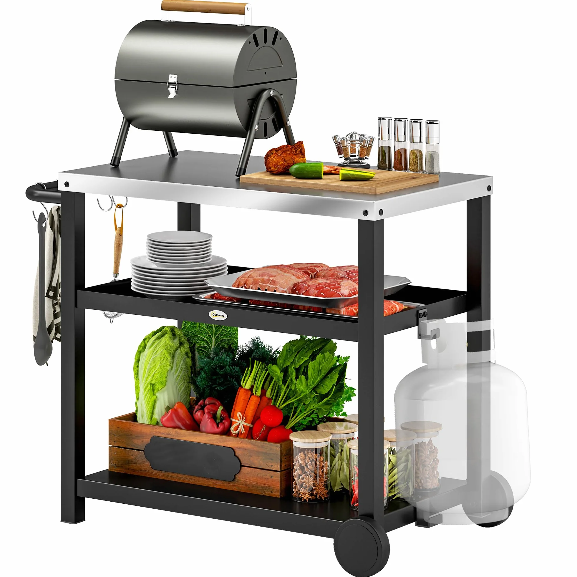 Outsunny Desserte plancha extérieure avec plan de travail en acier inoxydable, chariot de barbecue avec étagères, desserte de jardin avec crochets, porte-serviettes, 2 roues, 102x50x81cm, gris charbon