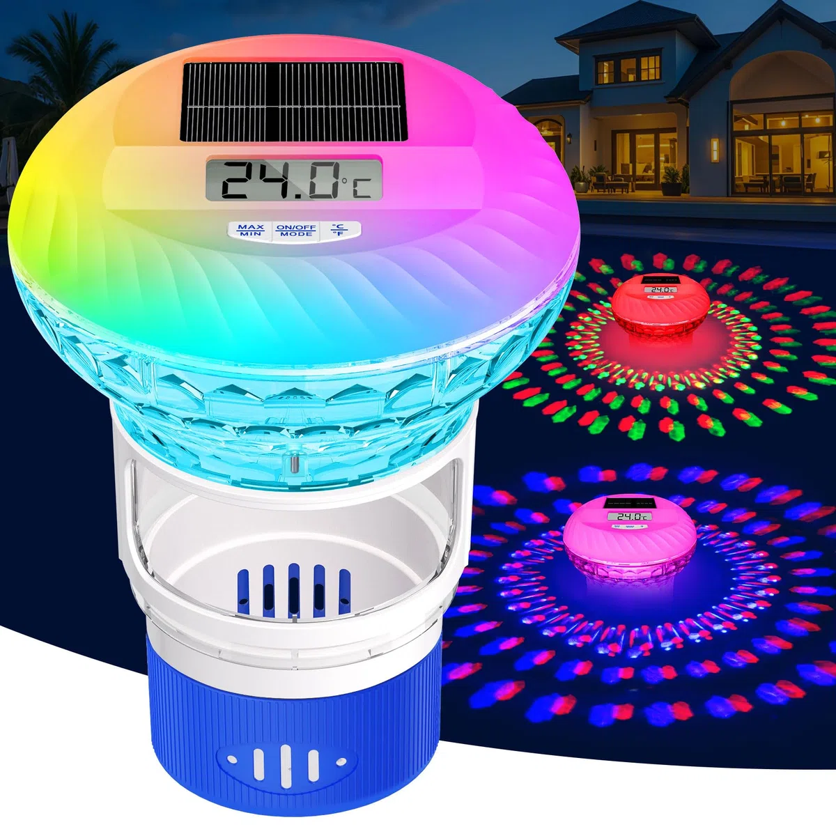 KingSom 2026 Diffuseur Chlore Piscine, Distributeur de Chlore Flottant avec Lumineux Solaire, Contrôle par Bouton Distributeur de Chlore pour Piscine Réglable