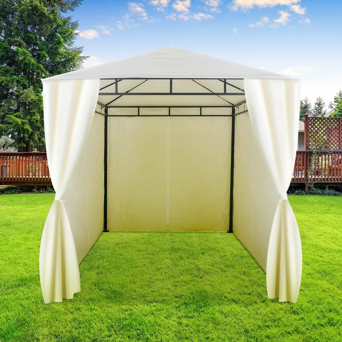 Tonnelle 3 x 2 m pour extérieur en fer forgé élégant pavillon de jardin avec toiles latérales couleur écru