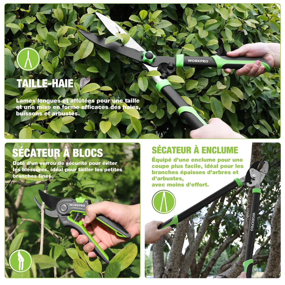 WORKPRO Set de 3 Cisailles de Jardin - Sécateur Bypass, Cisaille à Enclume et Cisaille à Haies - Kit Complet pour l'Entretien des Plantes