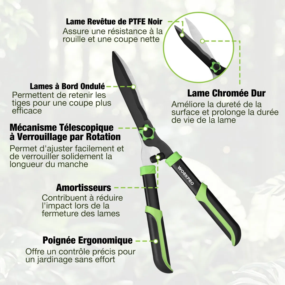 WORKPRO Set de 3 Cisailles de Jardin - Sécateur Bypass, Cisaille à Enclume et Cisaille à Haies - Kit Complet pour l'Entretien des Plantes