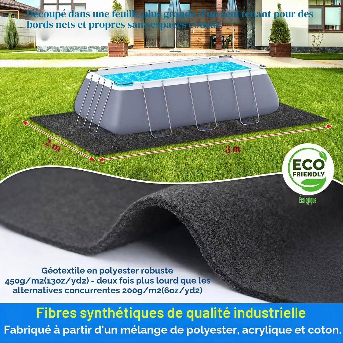 Tapis de piscine rectangulaire extra-épais pour piscine hors sol, 1,98 x 3,05 m, confort sans couture sous les pieds, tapis en fibre synthétique noire de qualité industrielle résistant aux