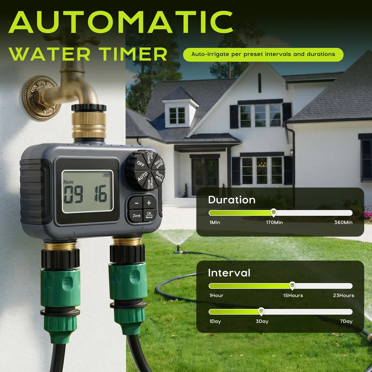 Programmateur Arrosage 2 Voies IPX5 Étanche Minuteur Arrosage Automatique avec Entrée et Sortie en Laiton, Retard de Pluie, Arrosage Automatique et Manuel, Minuterie d'irrigation pour Jardin Pelouse