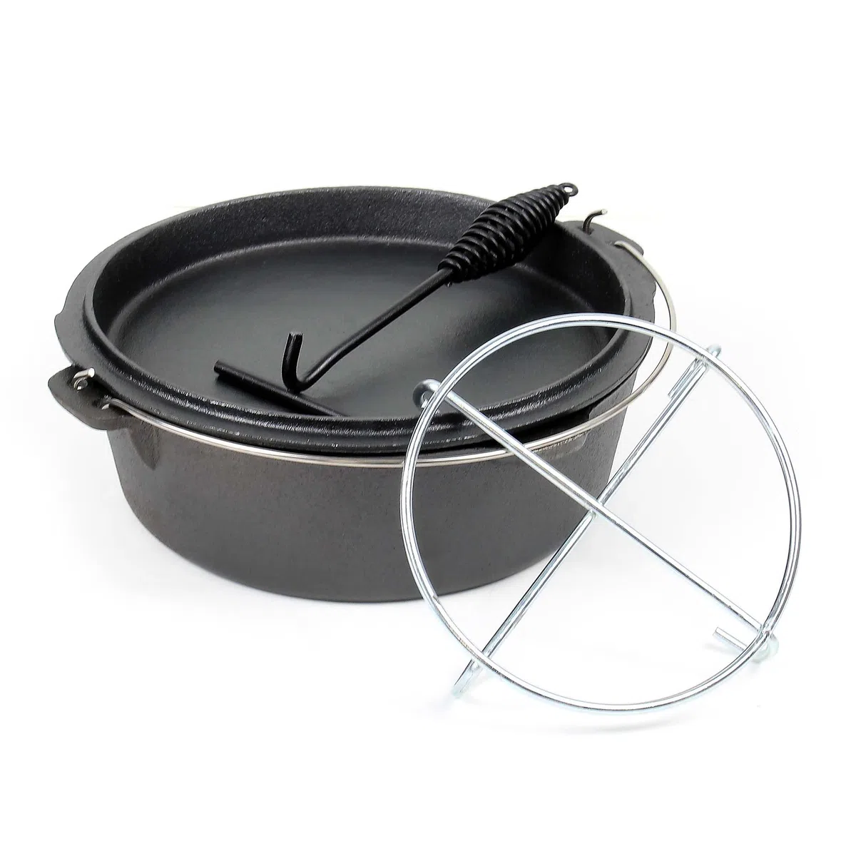 Wiltec Dutch Oven Marmite 8L Fonte Dessous-plat Lève-couvercle Pied de support Fait-tout Pot Cocotte Camping Barbecue Grillade