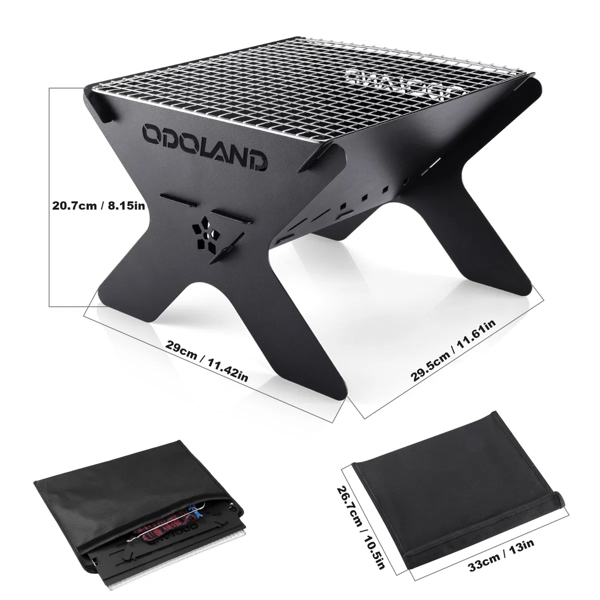 Odoland Camping Fire Pit, Portable Brasero Extérieur pour Camping, Barbecue à Foyer en Bois 2 en 1 avec Grille de Cuisson Amovible pour Barbecue en Plein Air, avec Sac de Transport