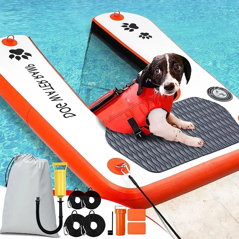Rampe gonflable pour chien et piscine, échelle flottante extra large pour piscine, quai et bateau, rampe d'eau antidérapante pour chien avec haute stabilité, échelle de piscine pour chien de 68 kg