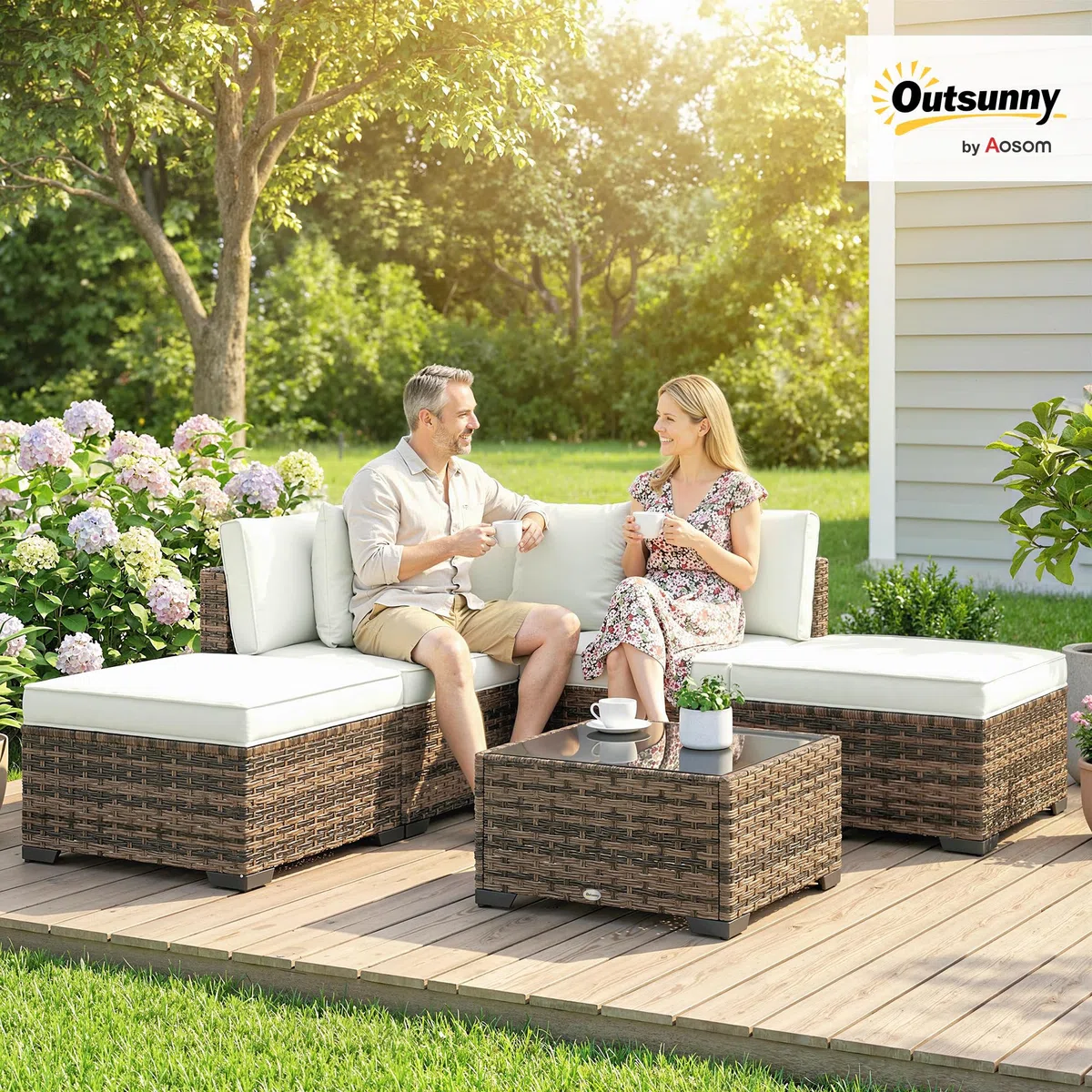 Outsunny Salon de jardin extérieur d'angle 5 places modulable en résine tressée avec canapés, repose-pieds, table basse en verre trempé et coussins, mobilier de jardin, terrasse, patio, crème et jaune
