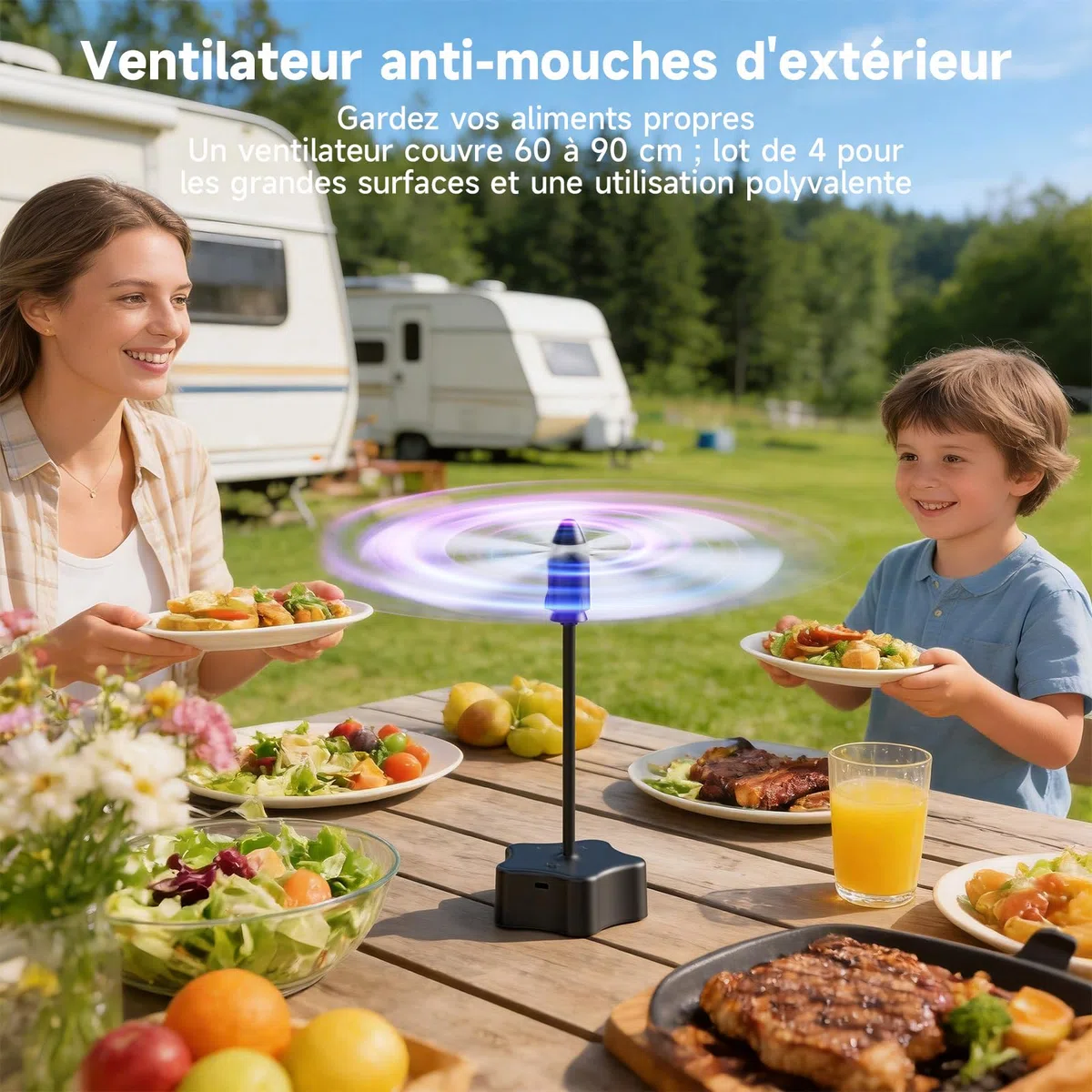 Ventilateur Anti-Mouches 4 Pièces, Rechargeable par USB, Ventilateur Portable pour Terrasse, Jardin, Restaurant, Pique-Nique – Protection Efficace Contre Les Insectes Volants