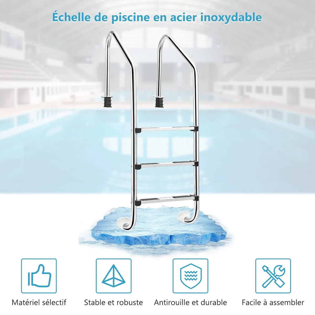 GOPLUS Échelle de Piscine à 3 Marches,Échelle de Marches de Piscine en Acier Inoxydable,Marchepied avec Protection Antidérapante pour Piscines, Centres de Spa, Parcs Aquatiques, Argenté 53x23x147CM