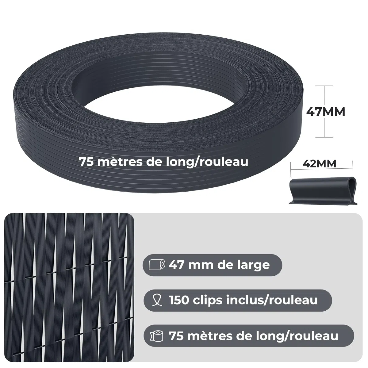 Kit Lamelles Occultantes PVC 4,7cmx75m - Bande Brise Vue Jardin Souple et Résistante avec 150 Clips - Installation Horizontale ou Verticale pour Panneau Grillagé et Clôture Rigide Anthracite -RAL7016