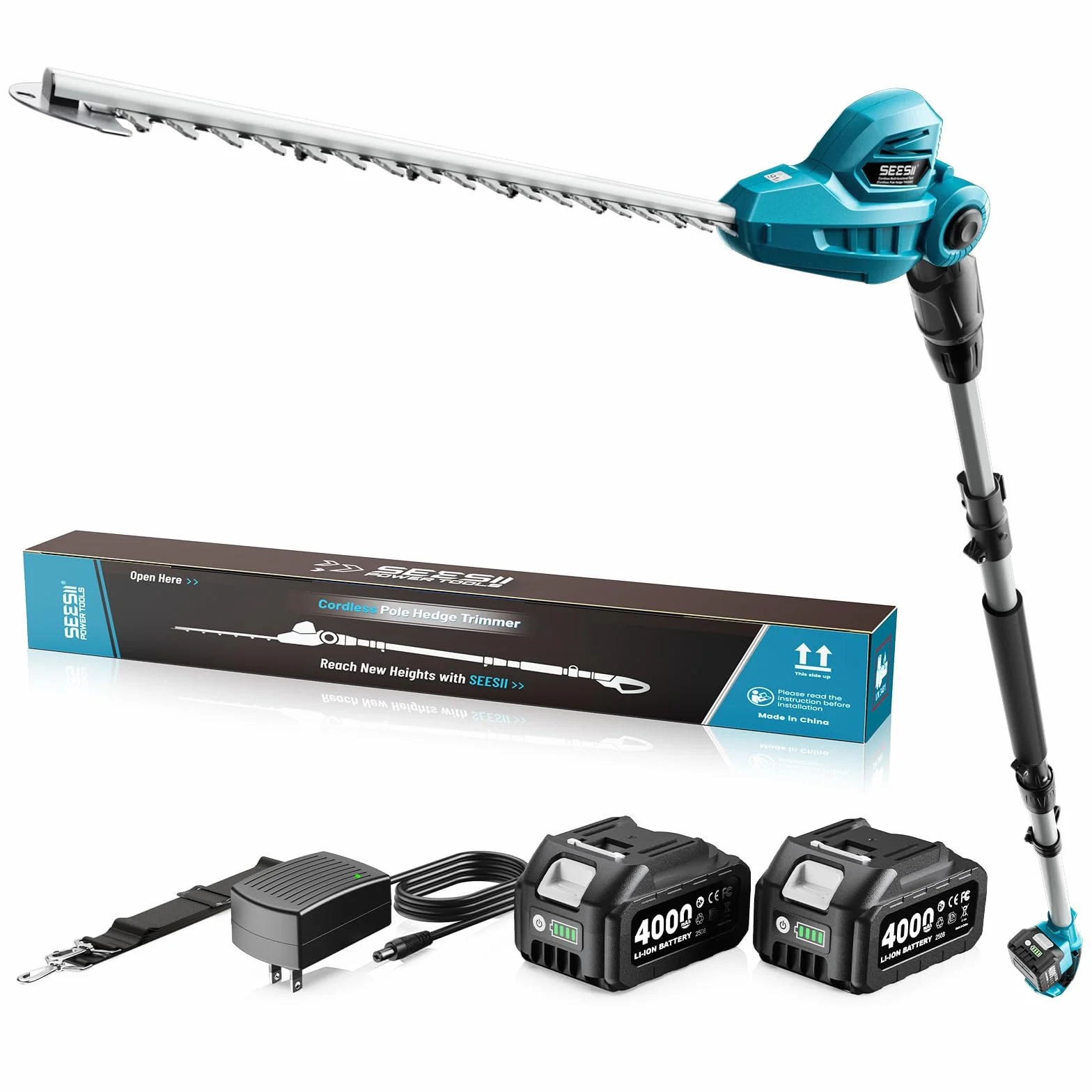 SEESII Taille Haie Electrique Telescopique 2,6 m, Taille-Haies Électriques avec Lame Double Action 40 cm, 2 * Batteries 4,0Ah, Tête Pivotante 135° Réglable, pour Haies Hautes et Arbustes Denses