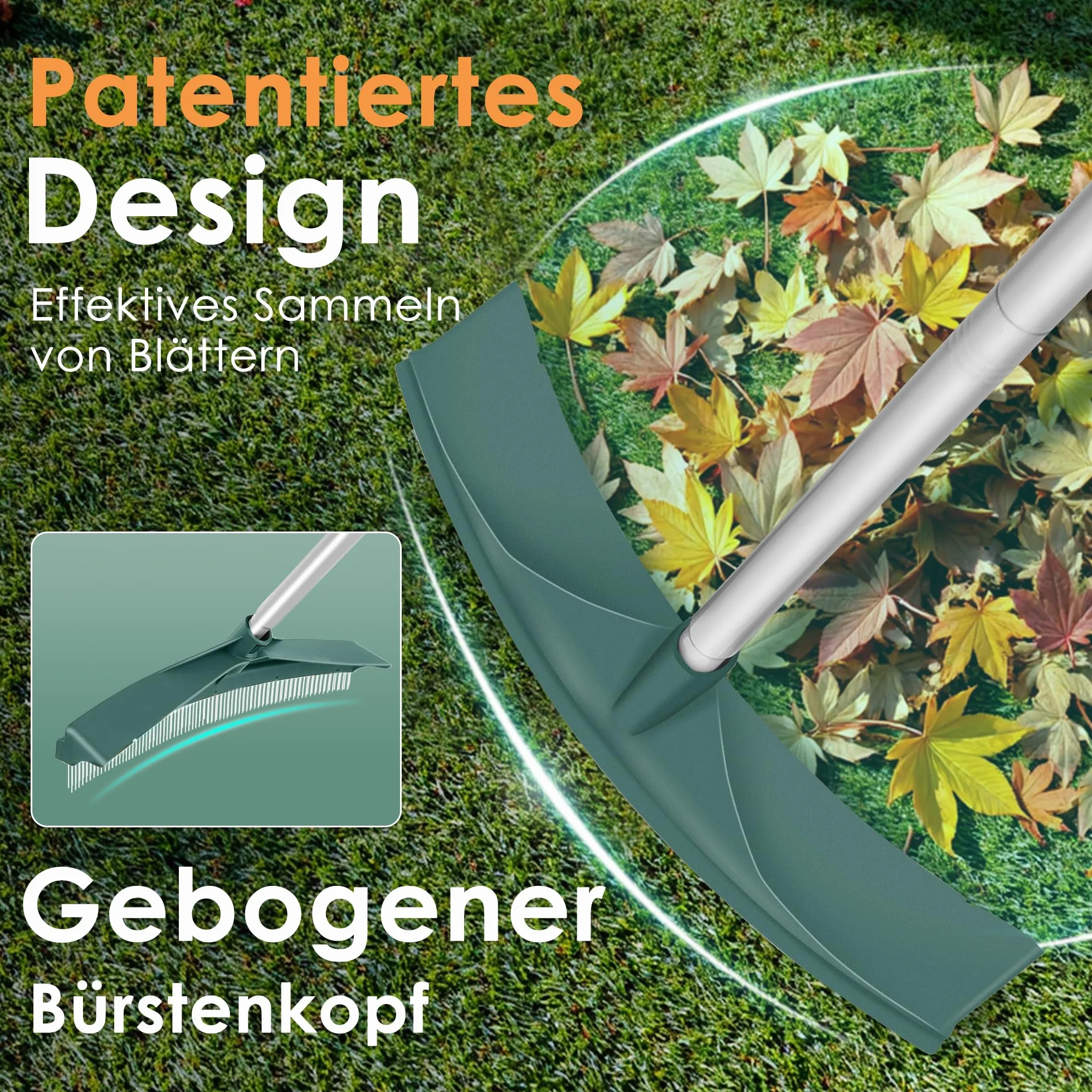 ORIENTOOLS Brosse à gazon artificiel, râteau incurvé pour gazon artificiel avec poignée en acier réglable de 80 à 134 cm, faux râteau avec brosse PA pour pelouses et ramasser les feuilles