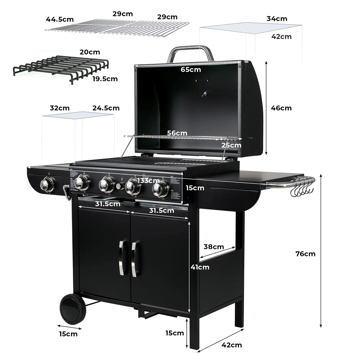 Barbecue Gaz sur Chariot 4+1 Brûleurs 14.05KW avec Plaque Latérale, Thermomètre, Allumage par Impulsion
