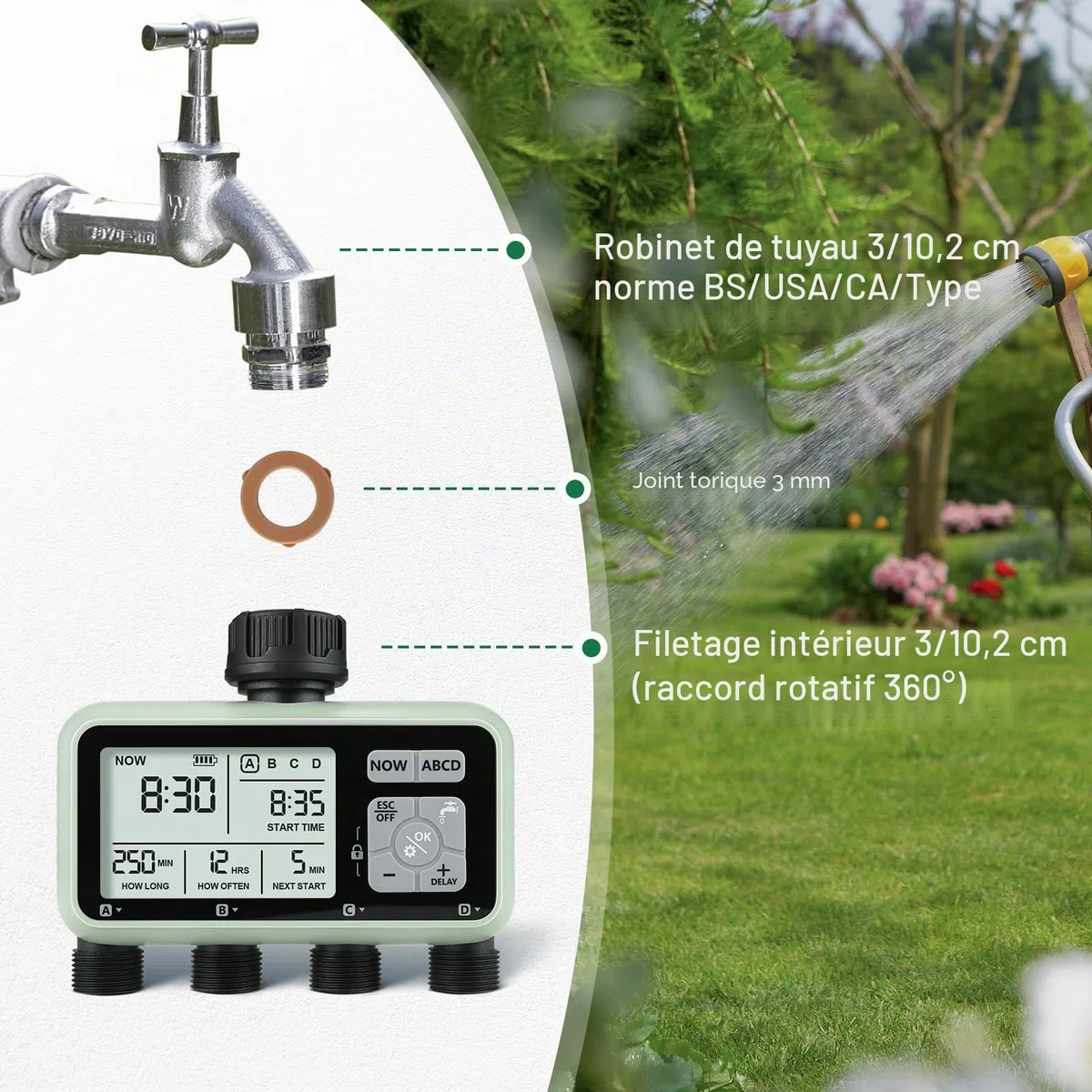 CROSOFMI 4 Voies Programmateur Arrosage Automatique Minuteur Arrosage pour Jardin Programmateur Robinet Arrosage Connecté/Mode Verrouillage Enfant/Mode Automatique & Manuel/Retard De Pluie/IPX5