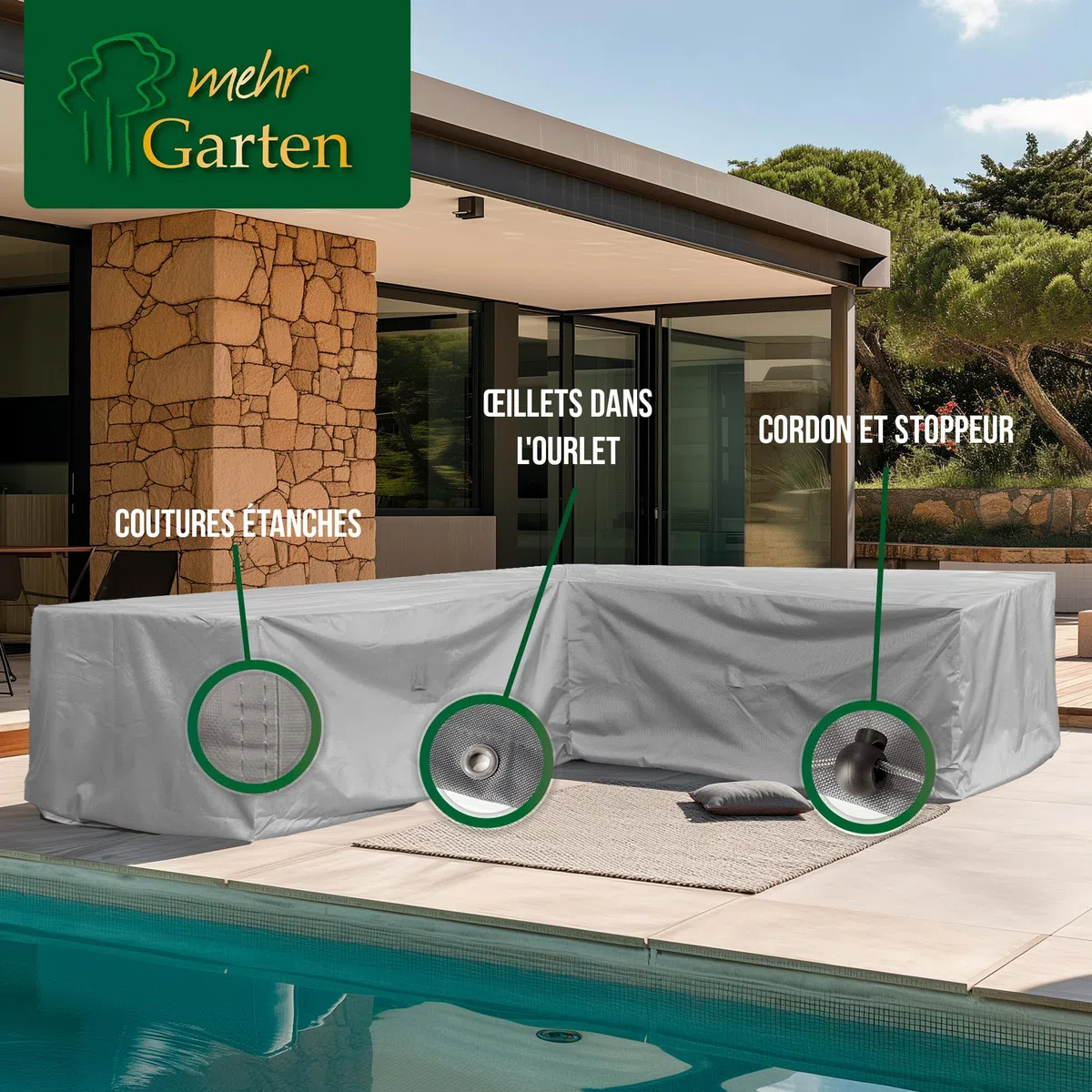 Housse de Protection pour canapé d'angle de Jardin | 225 x 225 x 80 cm | Polyester tissé Oxford 600D, Couleur : Gris