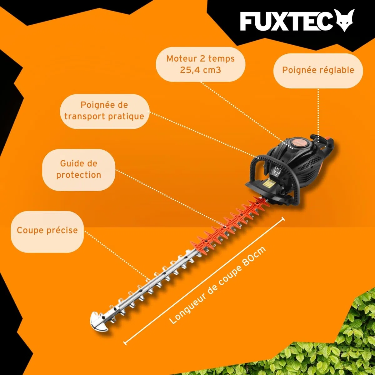 Fuxtec Taille-Haies Thermique Professionnel FX-MHP126 avec Guide de Lames XXL 800mm, Moteur 2 Temps, 25,4cm3,